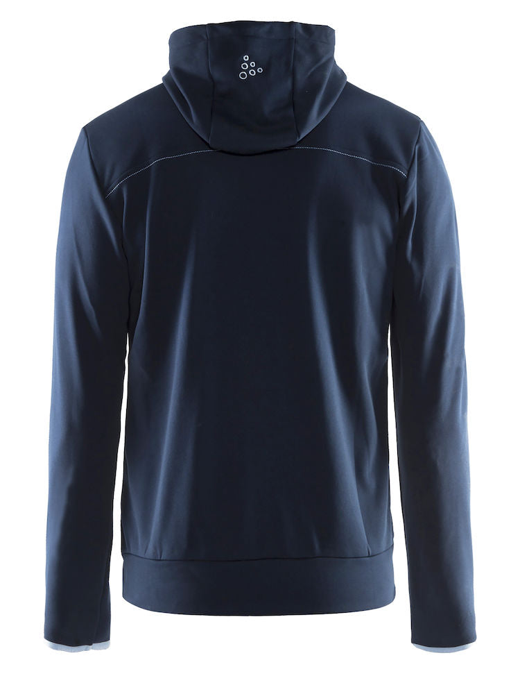 Navy blue athletic hoodie with hood up, showcasing the back design.