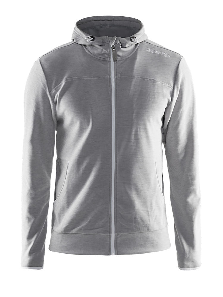Gray athletic hoodie with full-zip front and drawstring hood.