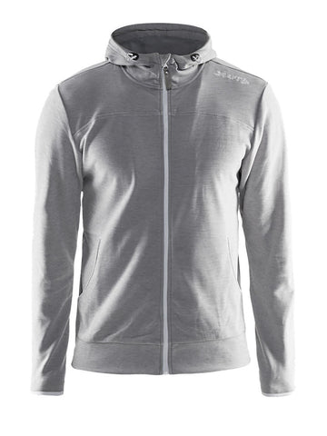 Gray athletic hoodie with full-zip front and drawstring hood.