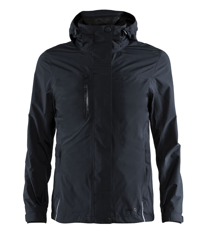A black men's raincoat with zippered pockets and a hood stands against a white background.