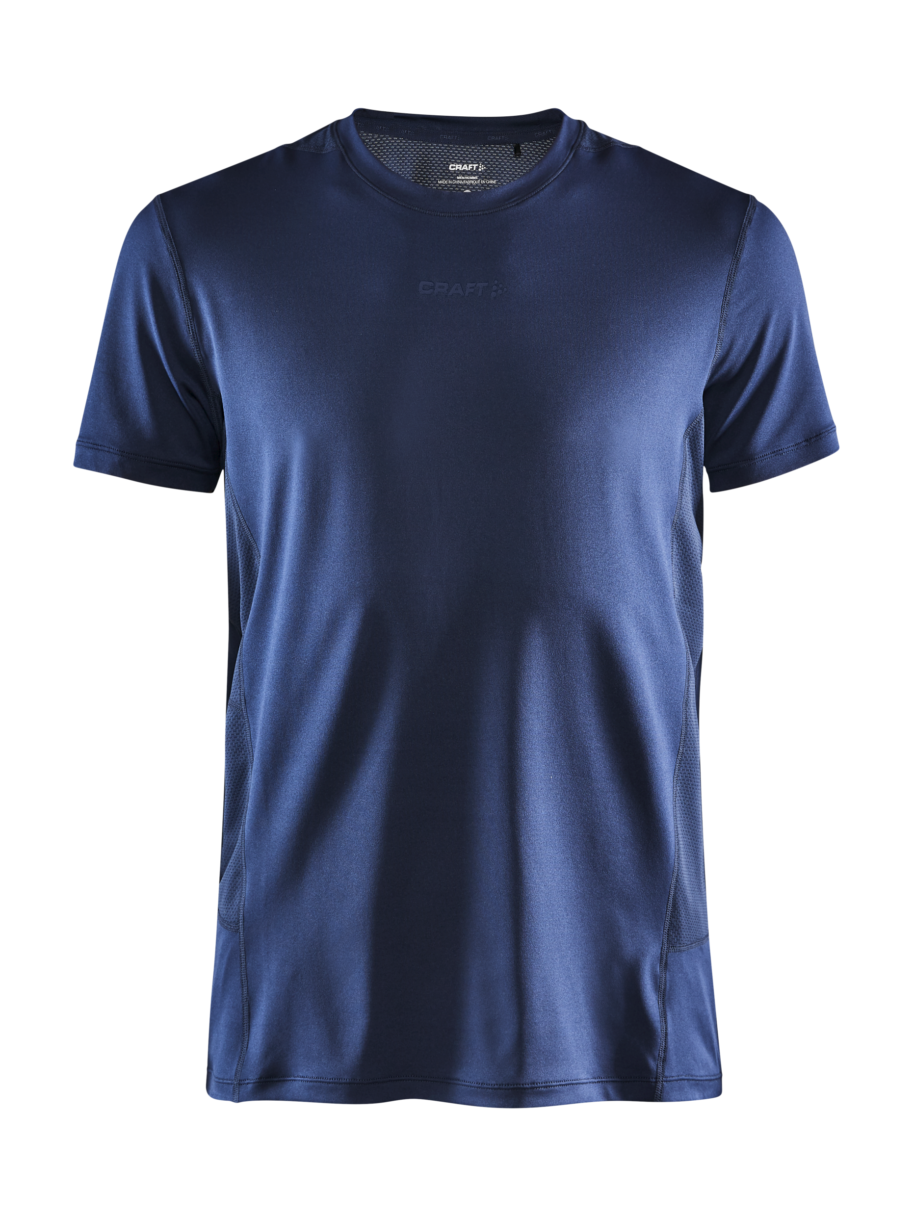 Navy blue Craft brand men's athletic T-shirt with breathable mesh panels on the back and sides.