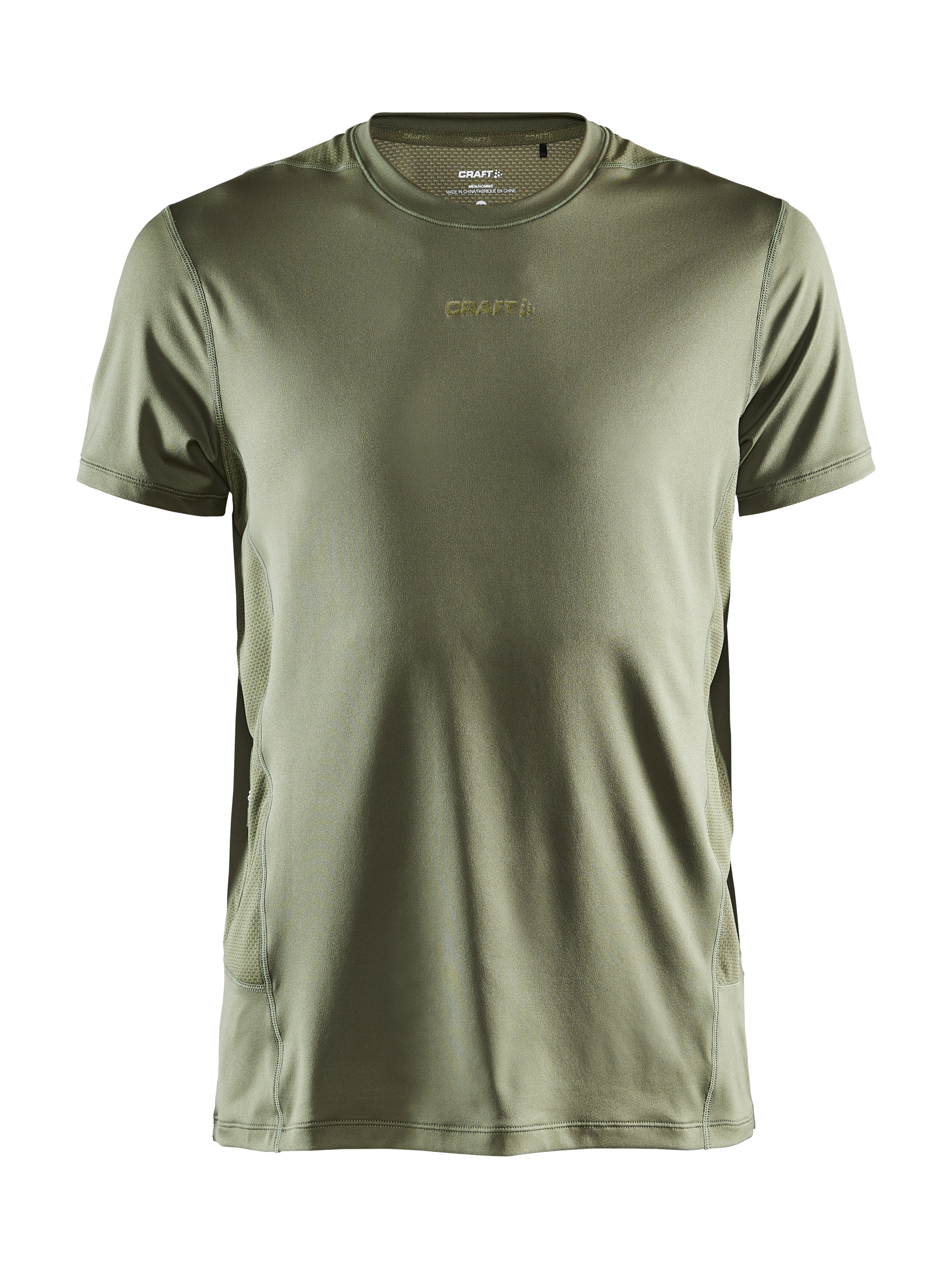 Craft men's olive green athletic t-shirt with breathable mesh panels.