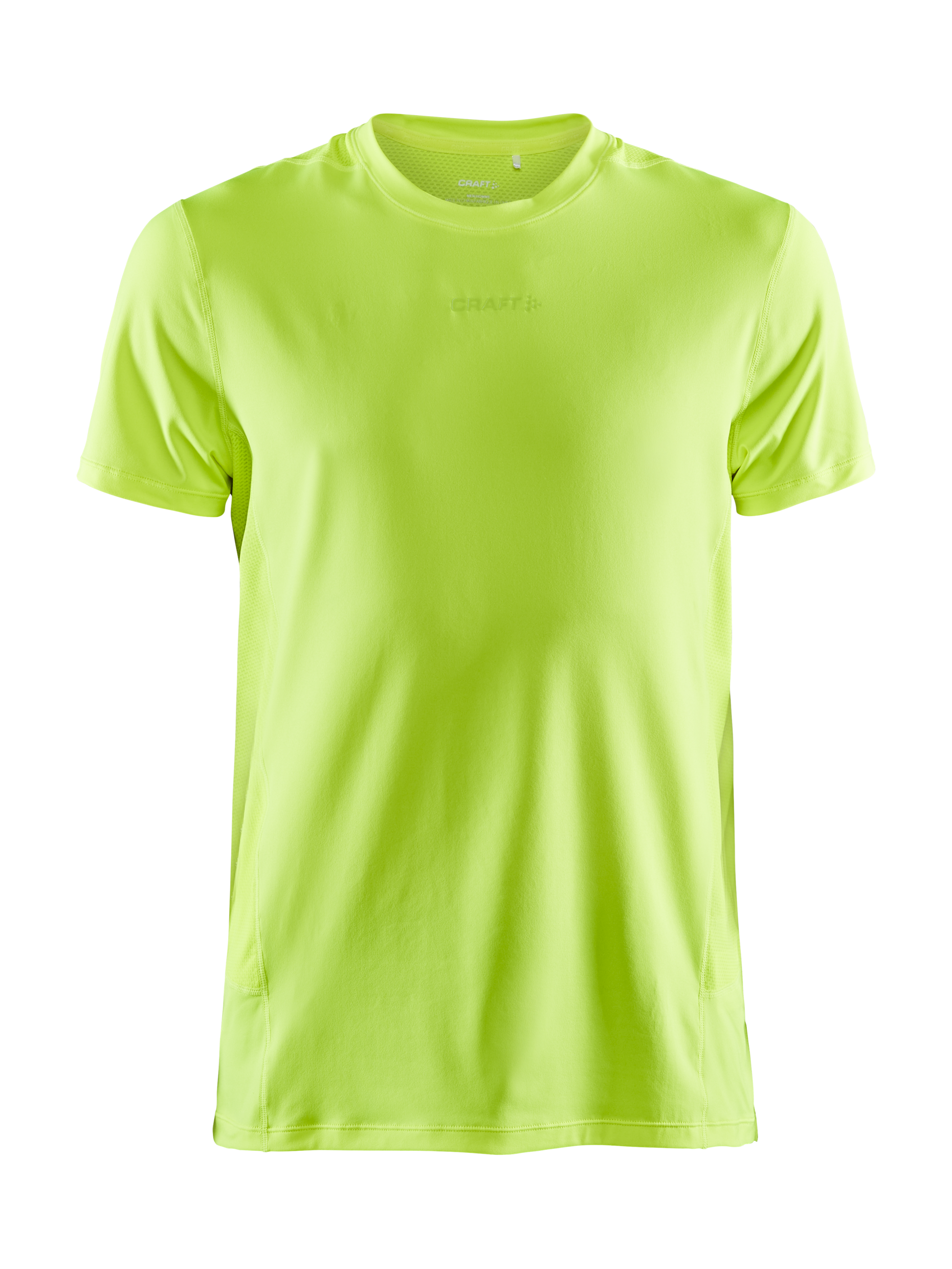 Neon green Craft athletic t-shirt with short sleeves, displayed against a black background.