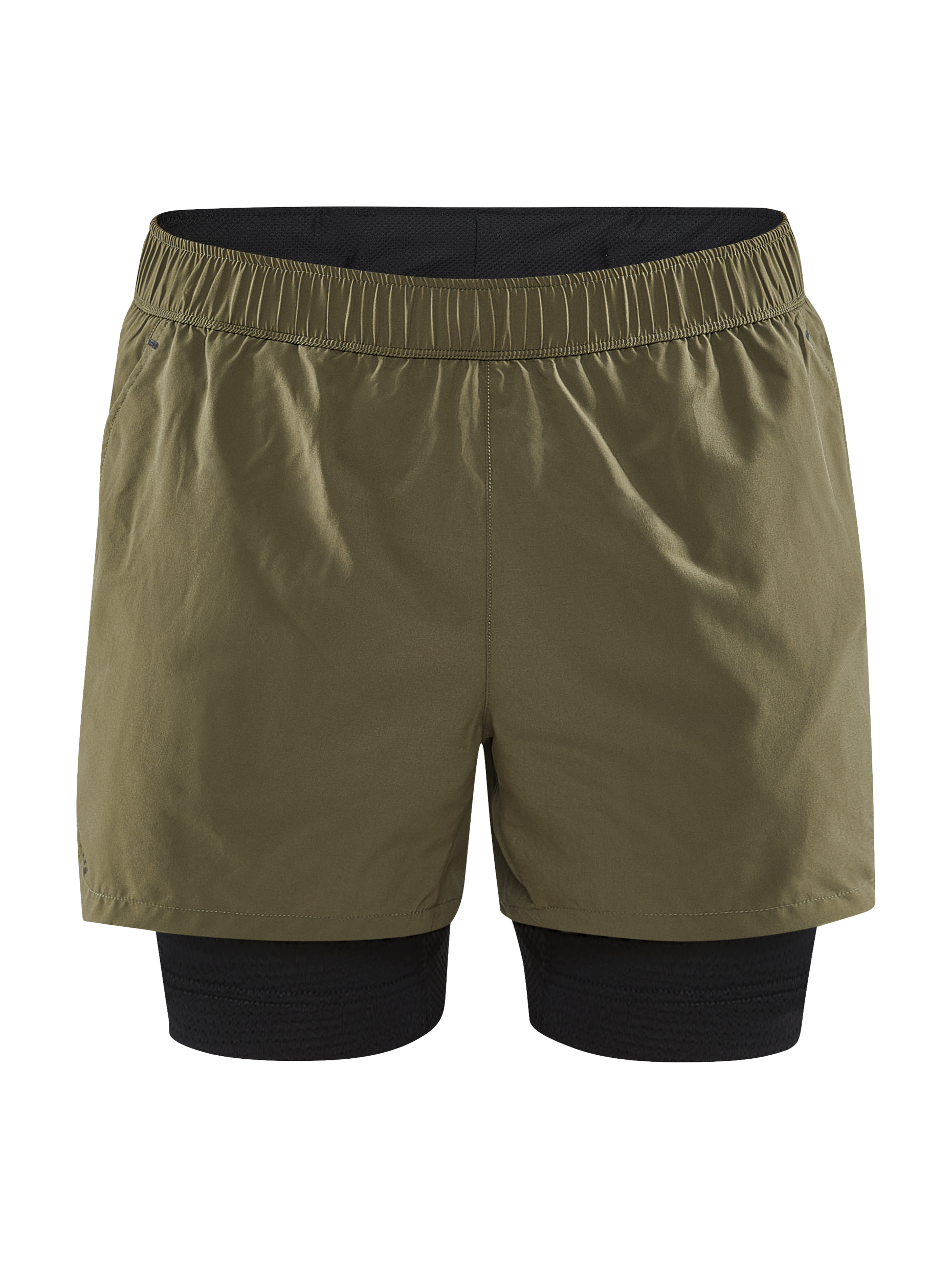 Olive green running shorts with black inner liner shorts, showcasing a front view.