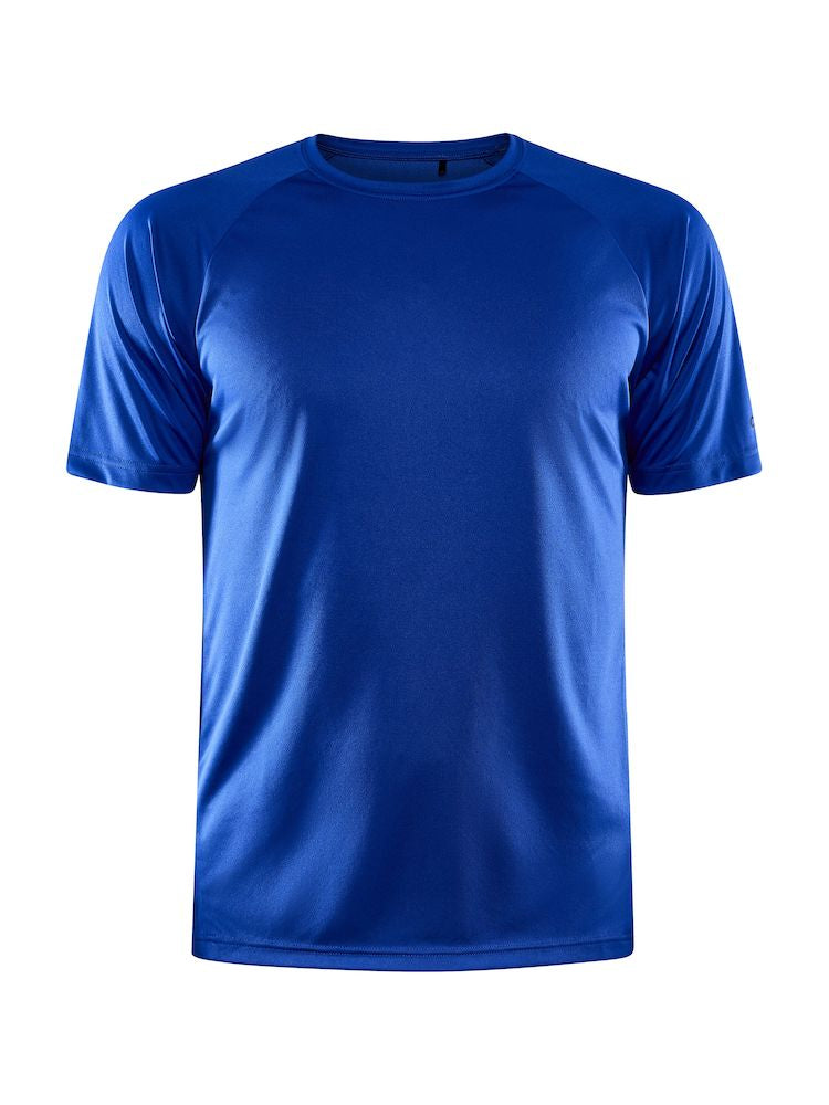 A plain royal blue athletic t-shirt displays a classic crewneck and short sleeves.