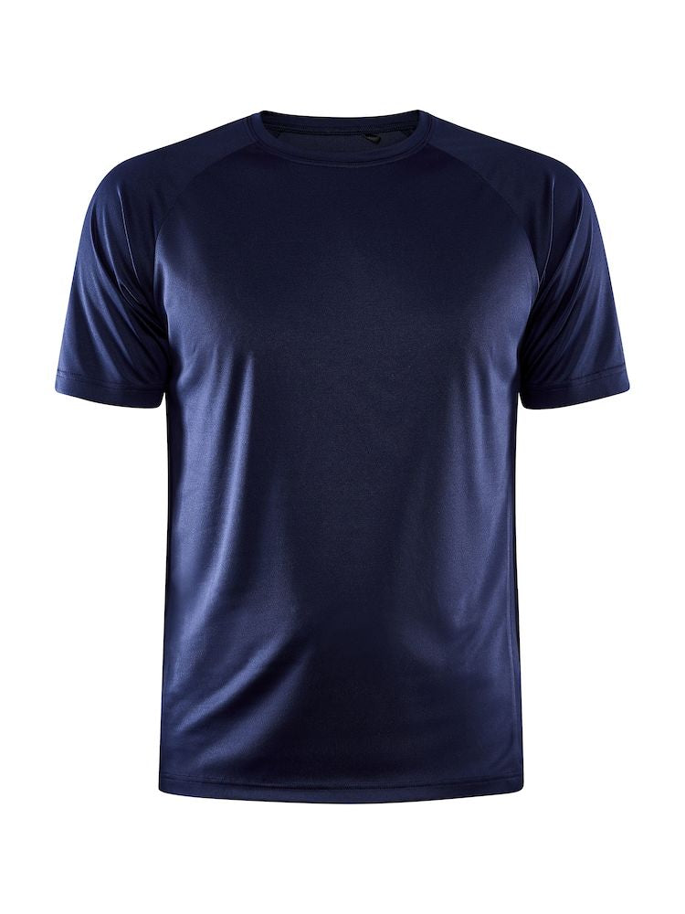 Navy blue athletic t-shirt with raglan sleeves isolated on white background.