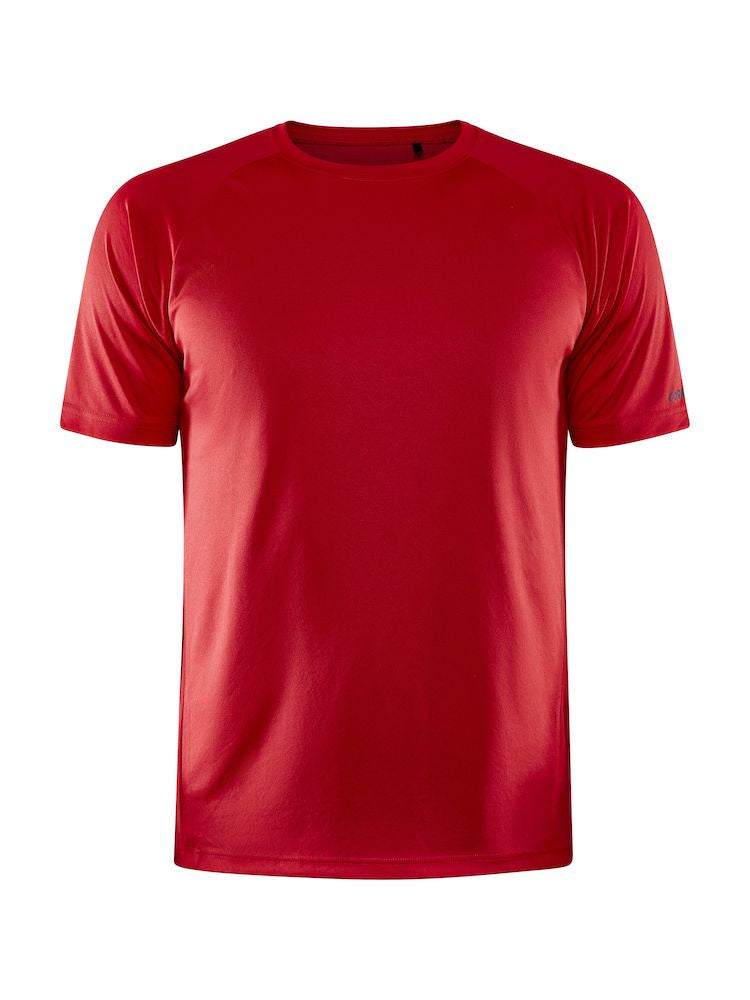 A plain red t-shirt with short sleeves and a classic crew neck.
