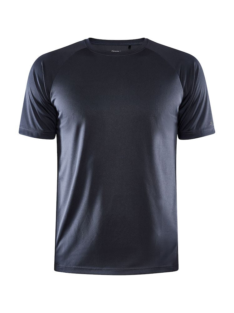 Navy blue athletic t-shirt with raglan sleeves isolated on white background.