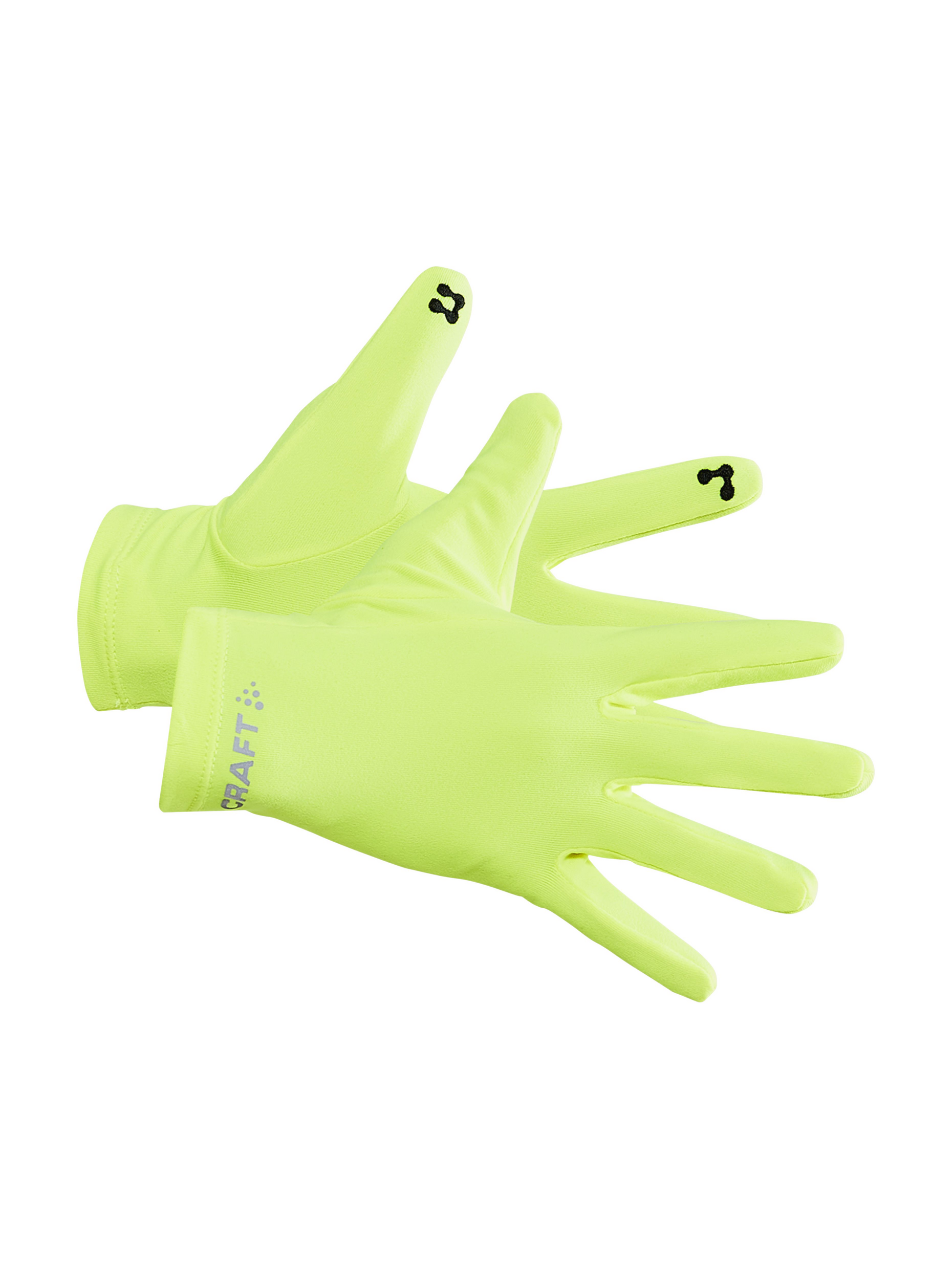 A pair of bright yellow Craft running gloves lay outstretched against a white background.