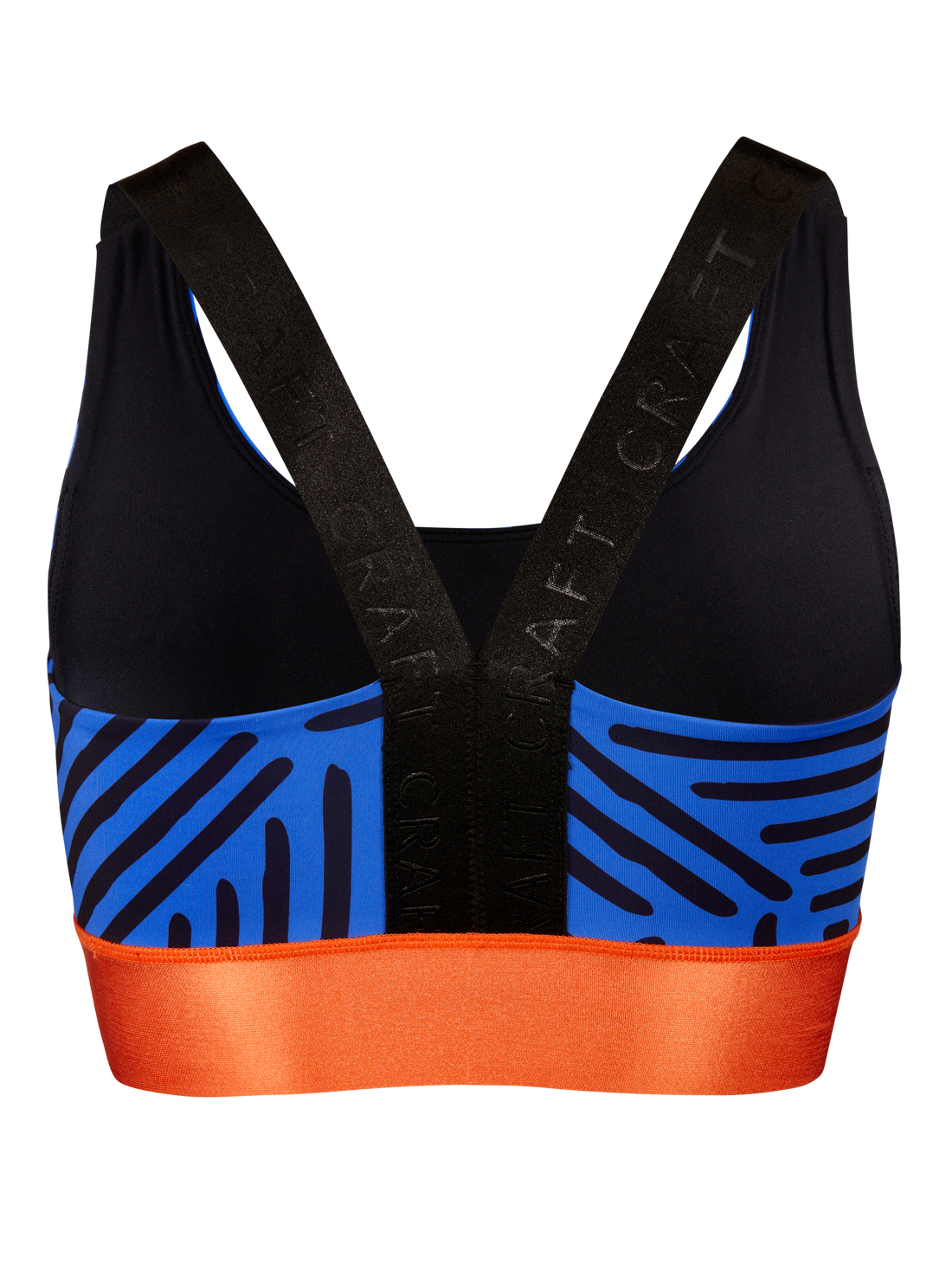 Blue and orange sports bra with abstract black line pattern and contrasting orange bottom band.