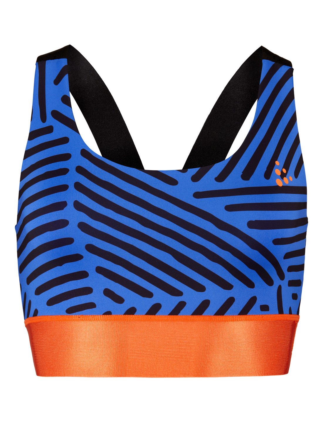 Blue and orange sports bra with abstract black line pattern and contrasting orange bottom band.