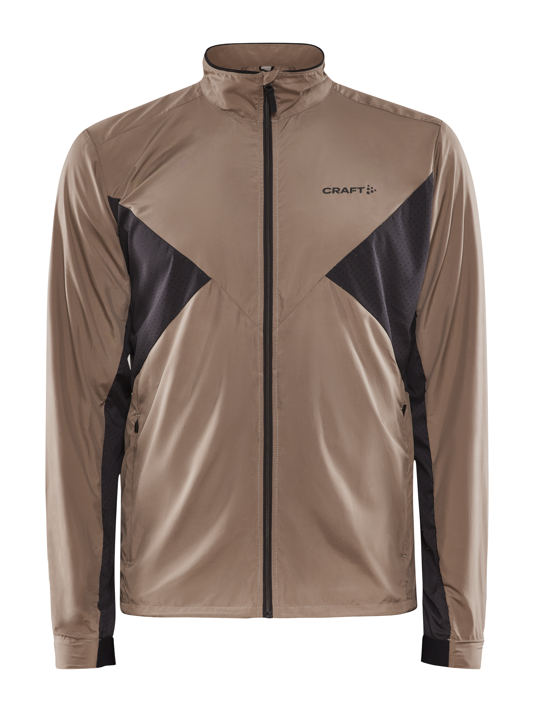 Men's beige lightweight running jacket with black accents and zippered front.