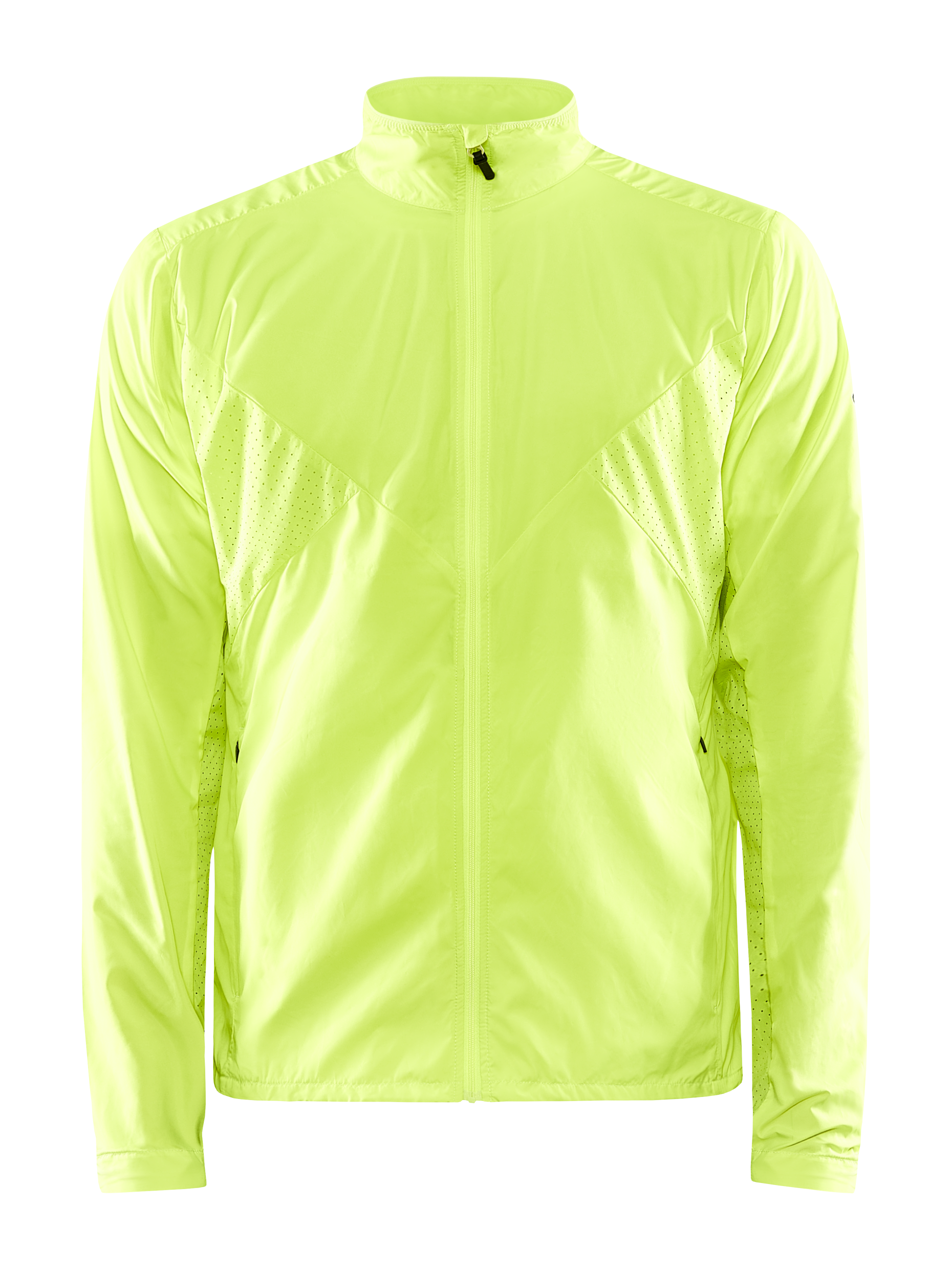 Neon yellow lightweight running jacket with ventilation panels, shown from the front.