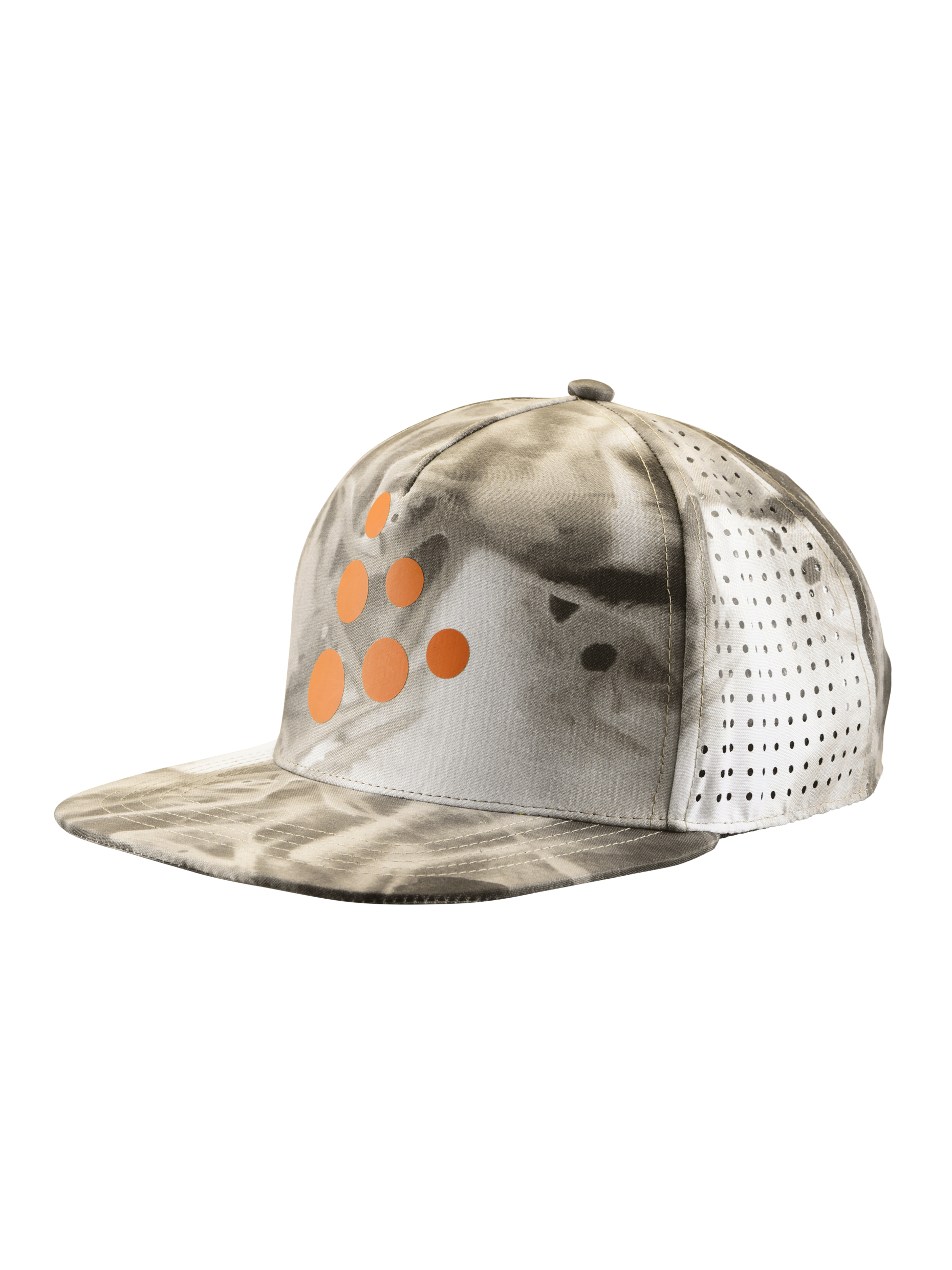 A gray camouflage baseball cap with orange logo and breathable side panels sits against a black background.