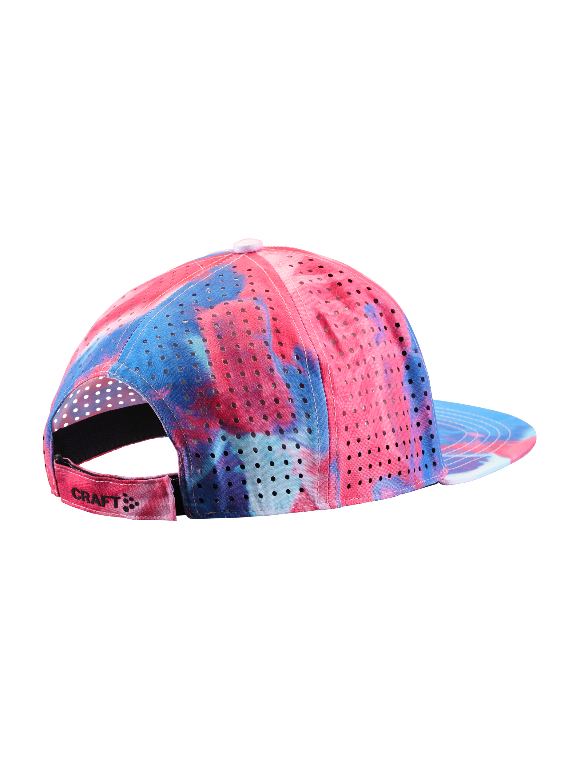 Tie-dye baseball cap with breathable, perforated design, shown from the back.