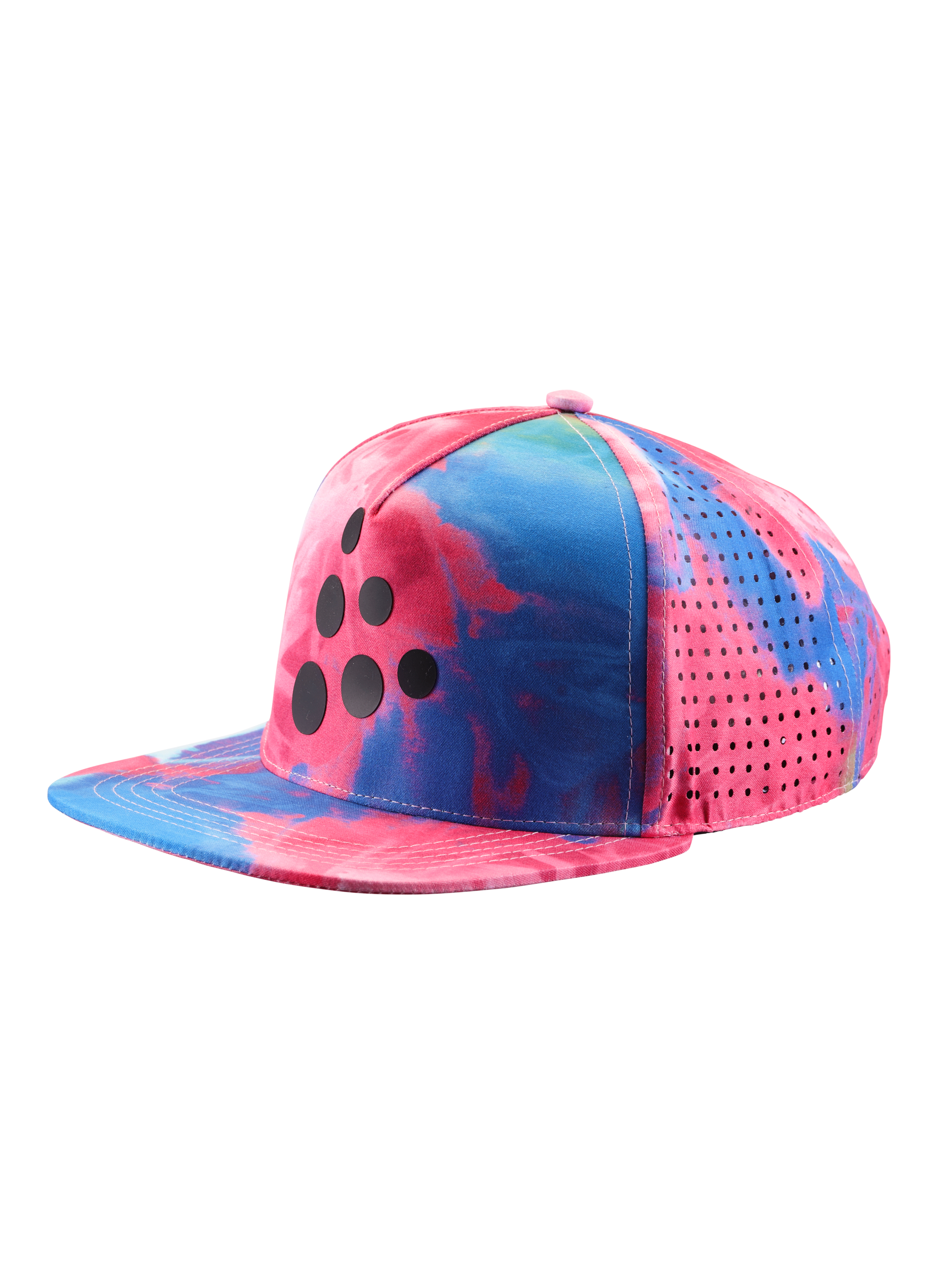 Pink and blue tie-dye baseball cap with black logo and breathable side panels.