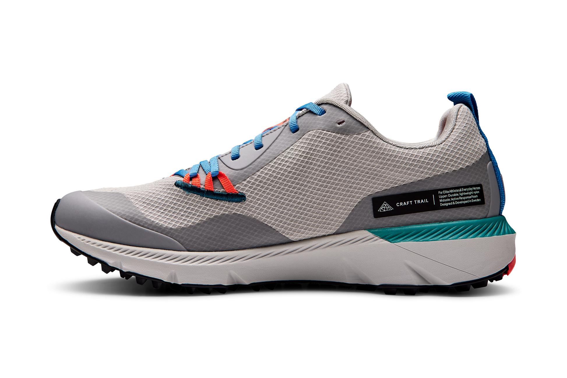 Gray Craft Trail running shoe with blue and orange accents, showcasing its breathable mesh upper and durable outsole.