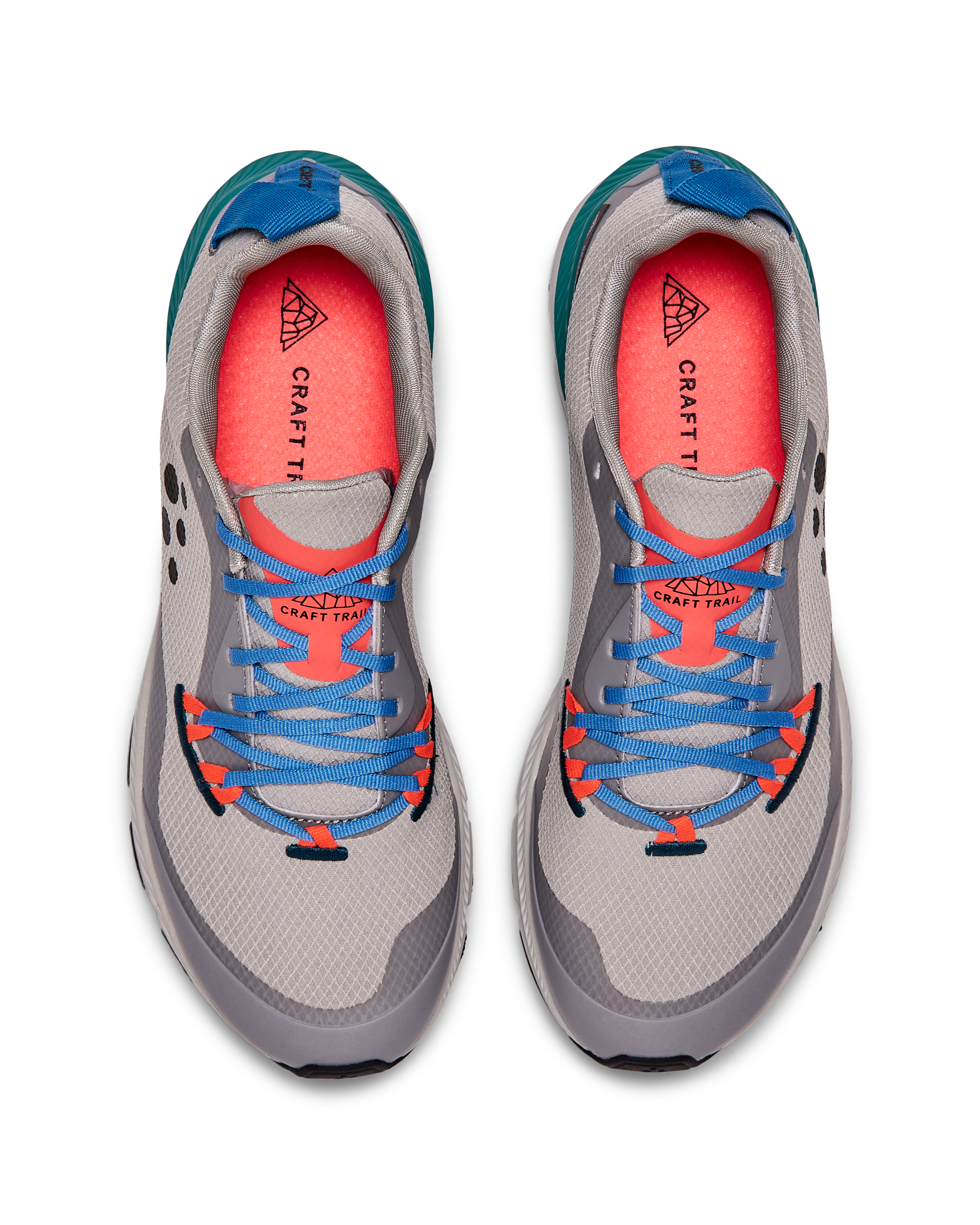 Craft Trail running shoes in gray with blue and orange accents, top view.