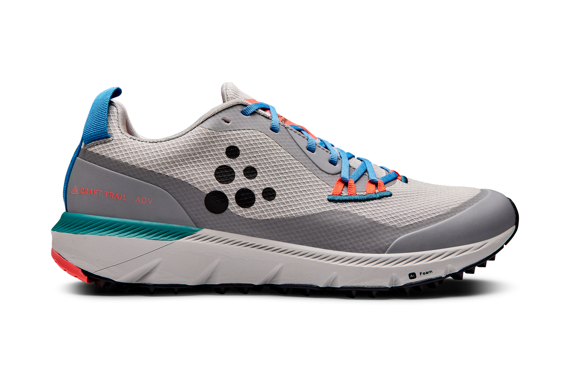 Gray and teal Craft Trail ADV running shoe with bright blue laces against a black background.