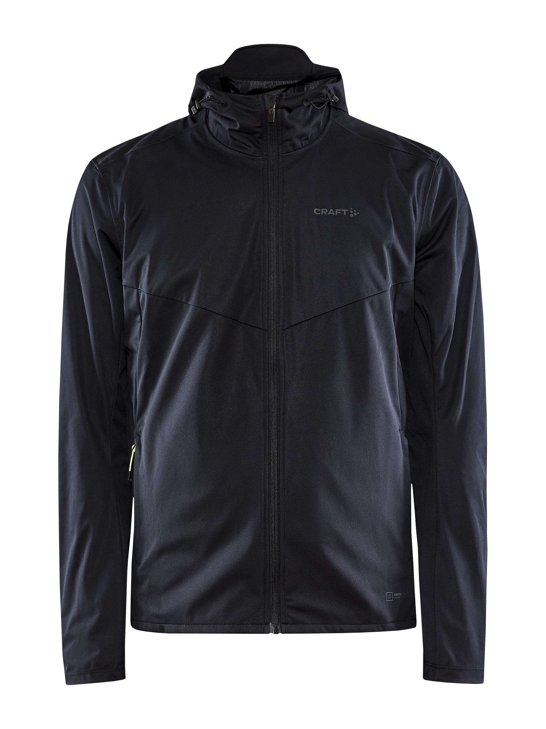 Black men's softshell jacket with hood and zippered pockets.