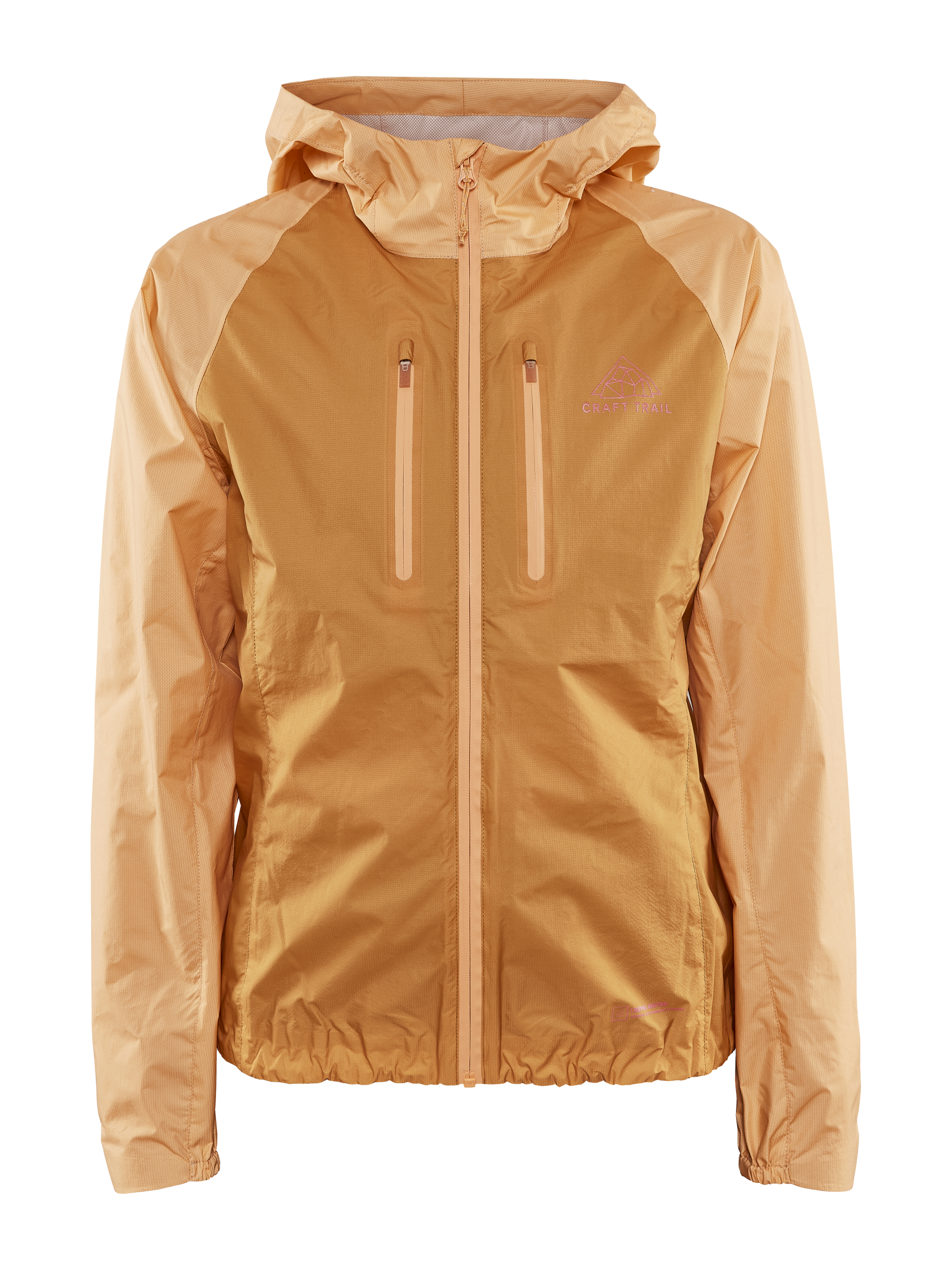 Lightweight orange running jacket with hood and zippered pockets.