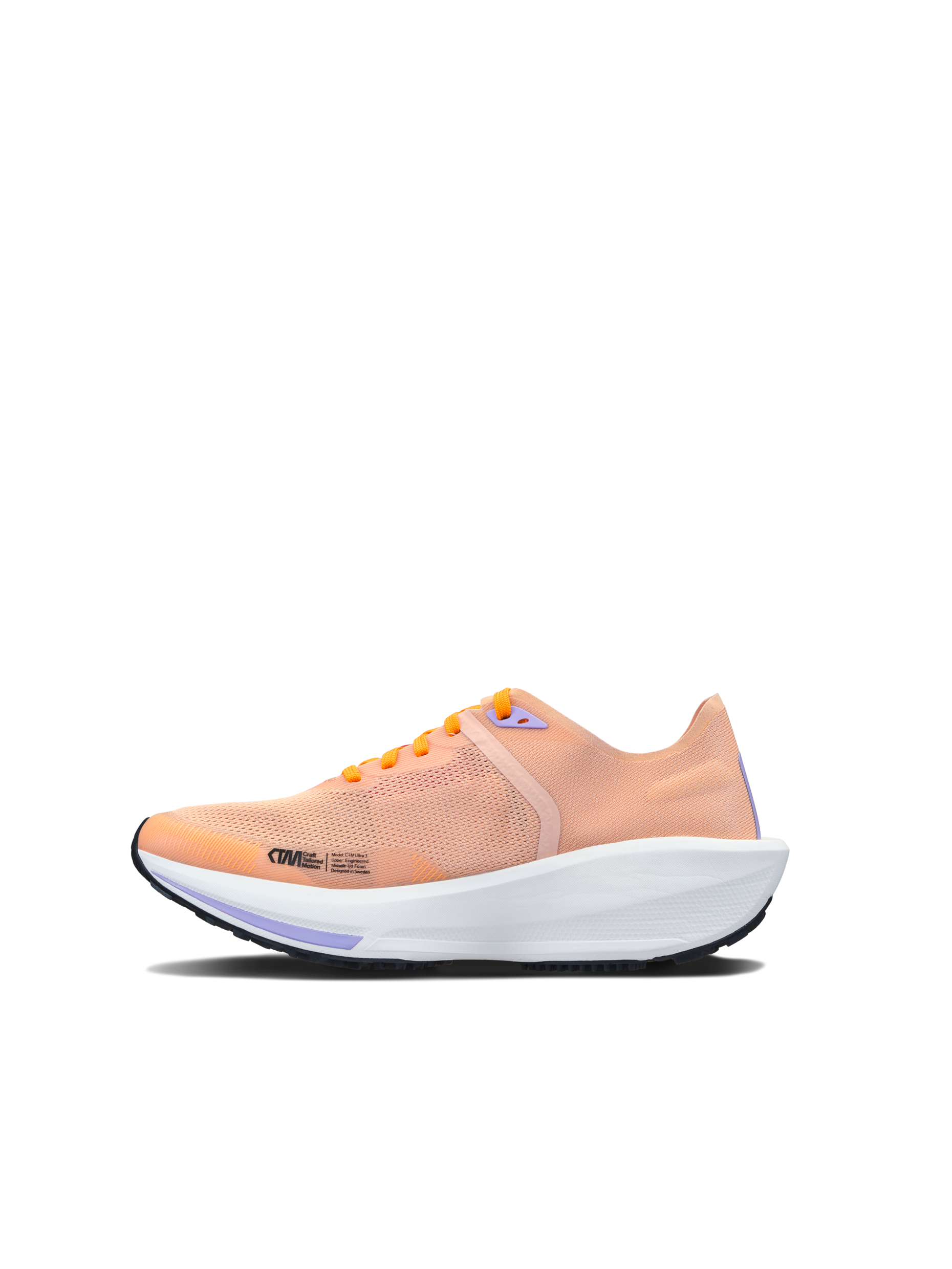 Peach running shoe with white sole and purple accents, showcasing its side profile.