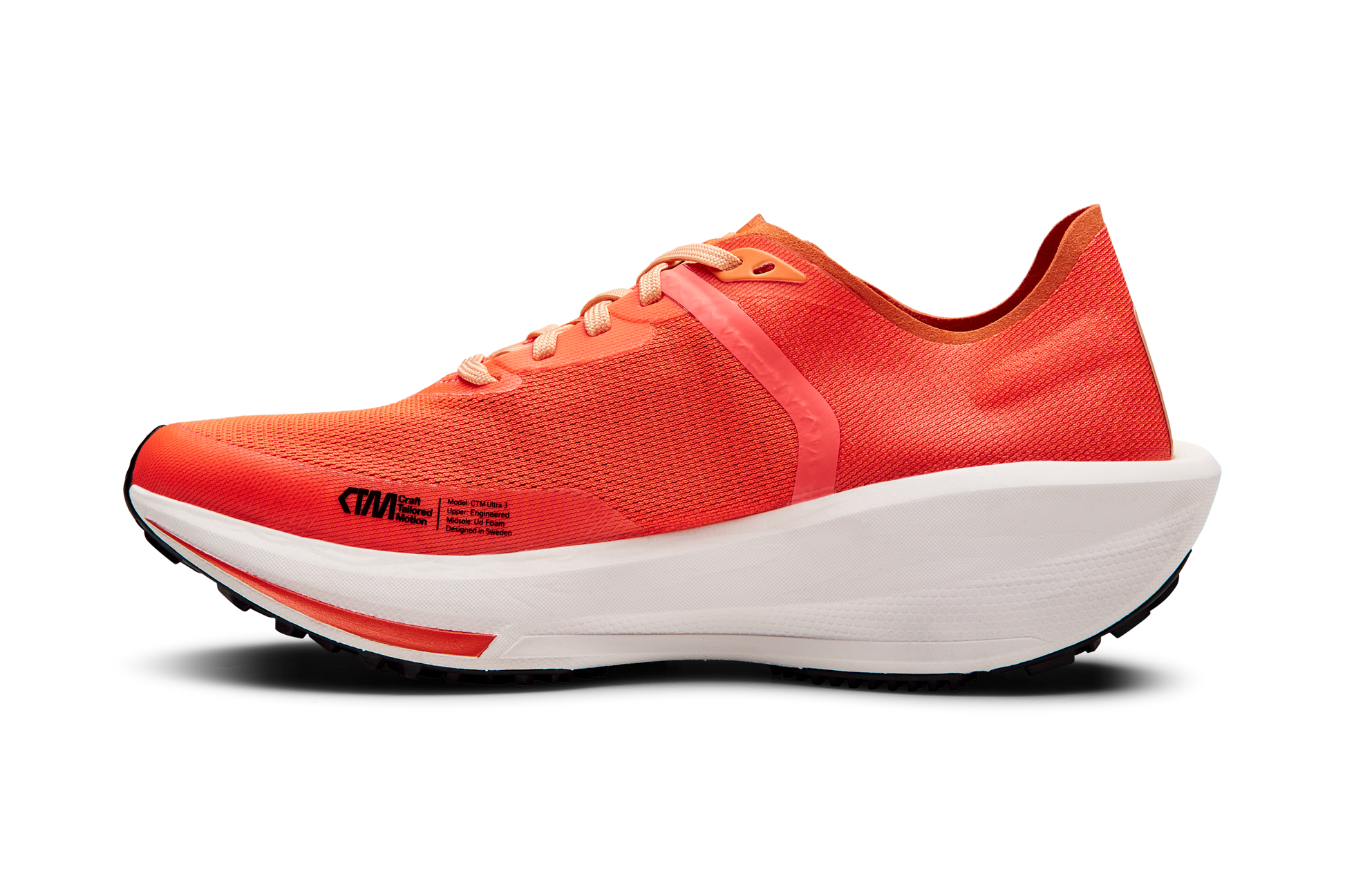 Bright red Craft CTM Ultra 3 running shoe with white sole, showcasing its engineered upper and unique midsole design.