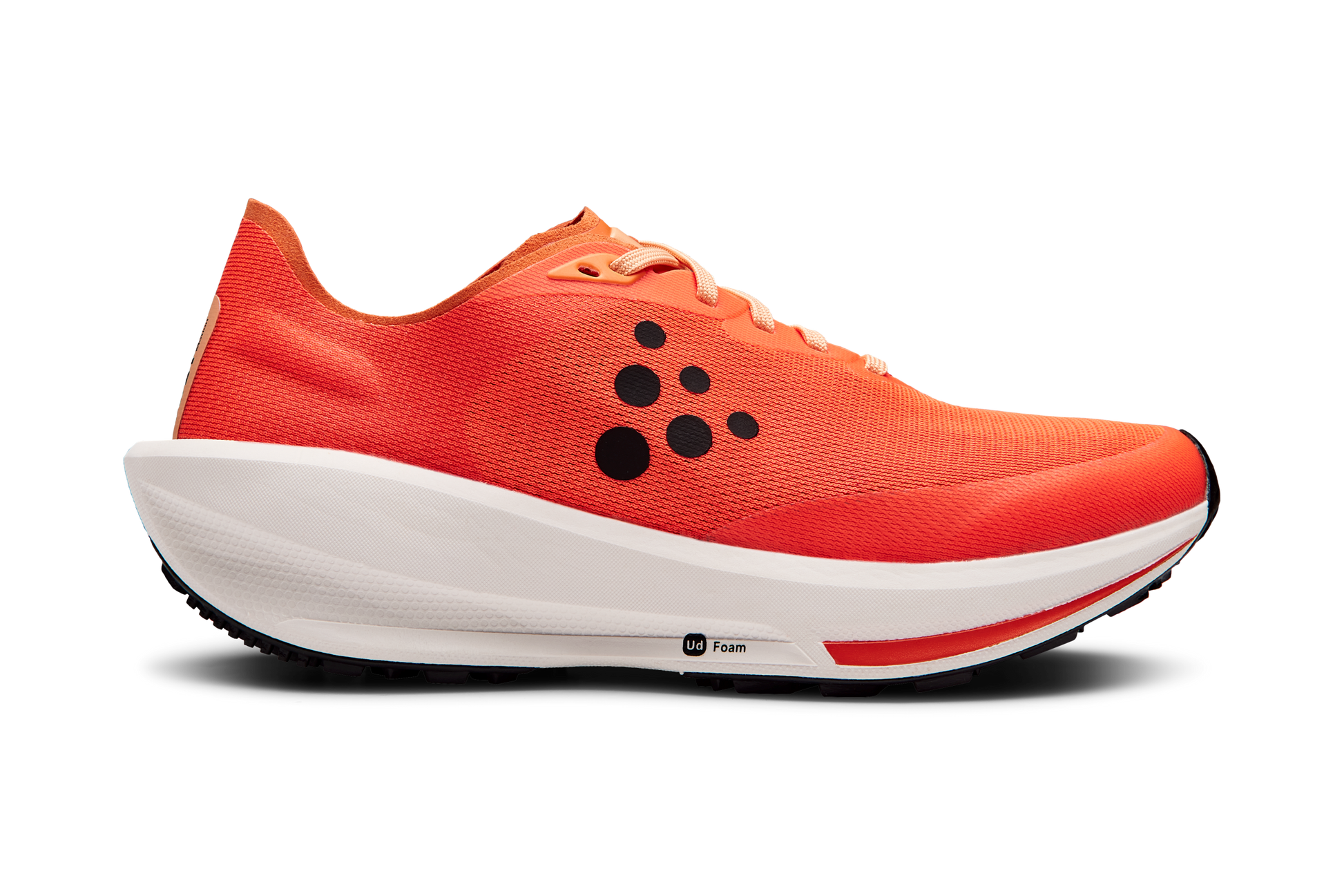 Bright red running shoe with white cushioned sole and black tread.