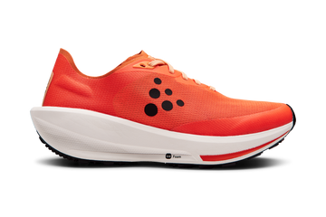 Bright red running shoe with white cushioned sole and black tread.