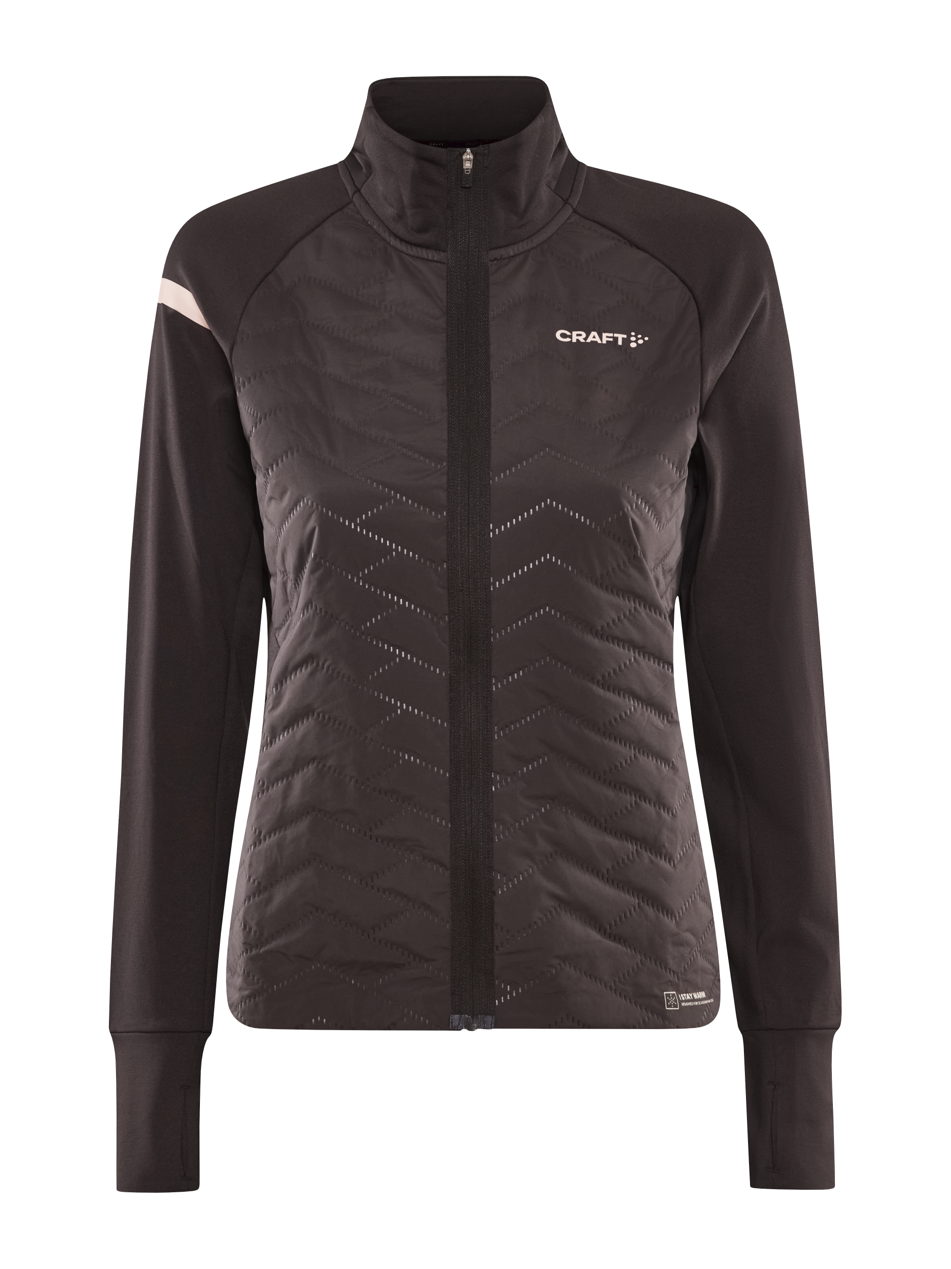 A black Craft women's running jacket with strategically placed insulation panels for warmth and breathability.
