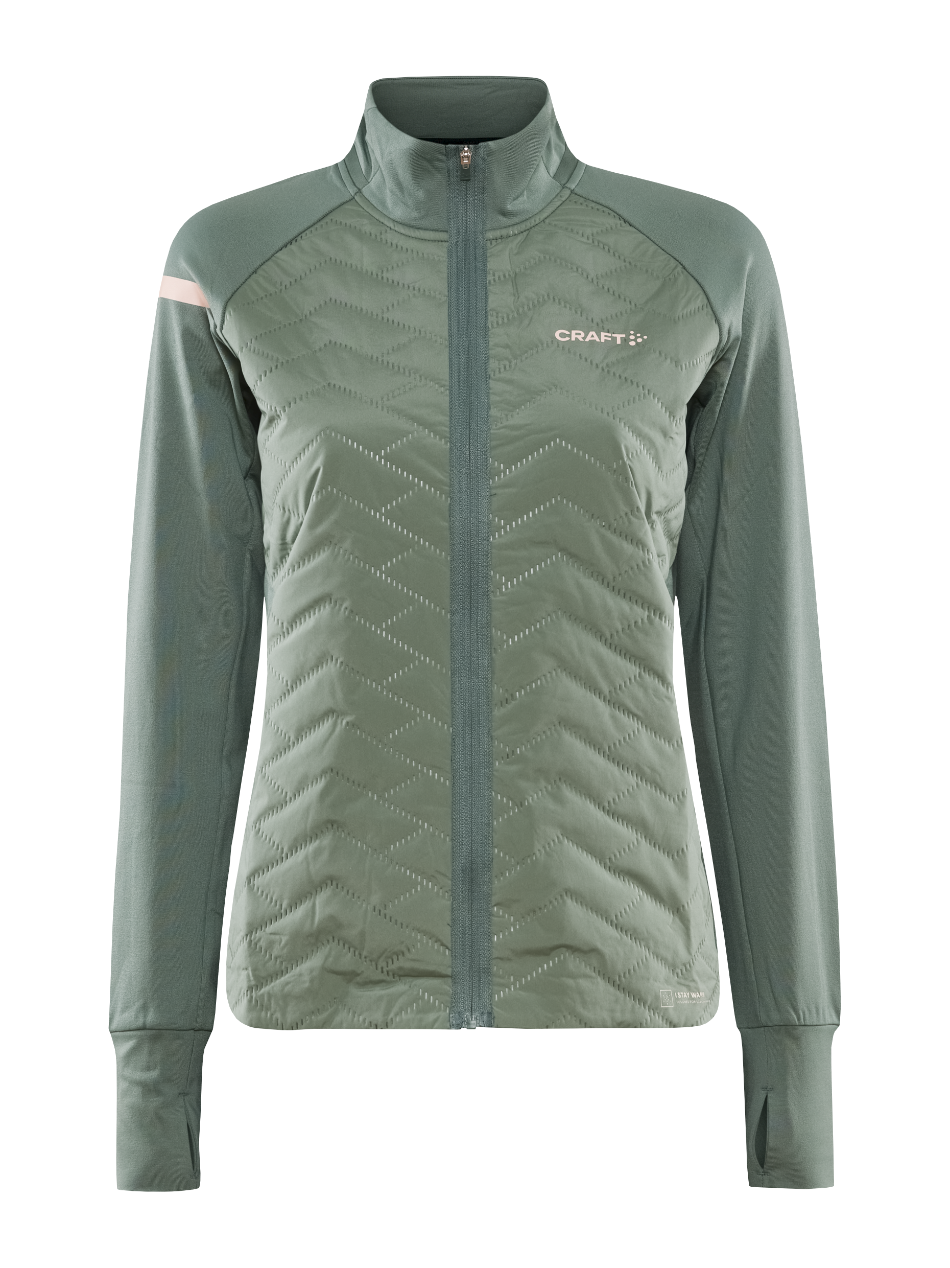 A woman's sage green athletic jacket with a full-zip front and diamond-patterned quilting.