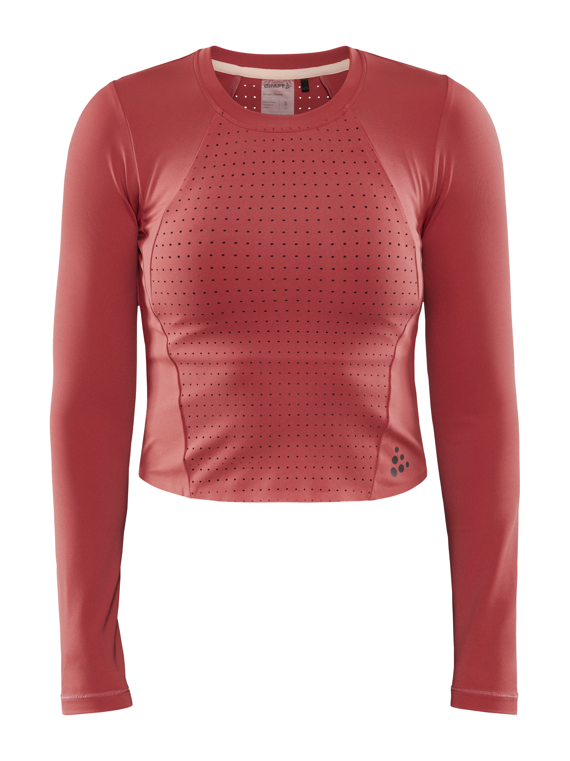 A coral women's athletic top with laser-cut ventilation holes across the chest and back for enhanced breathability.