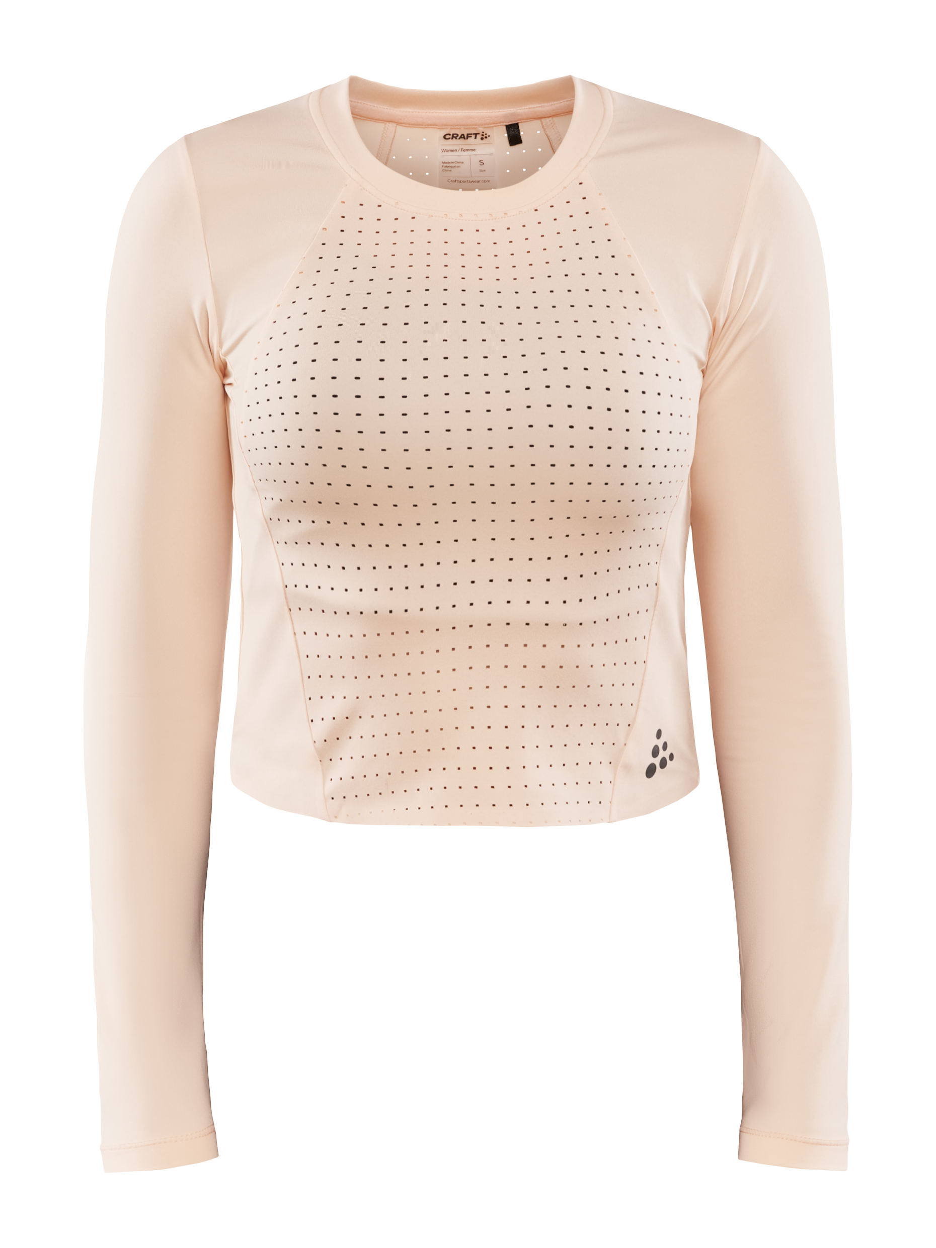 Peach women's athletic top featuring laser-cut ventilation holes for breathability.