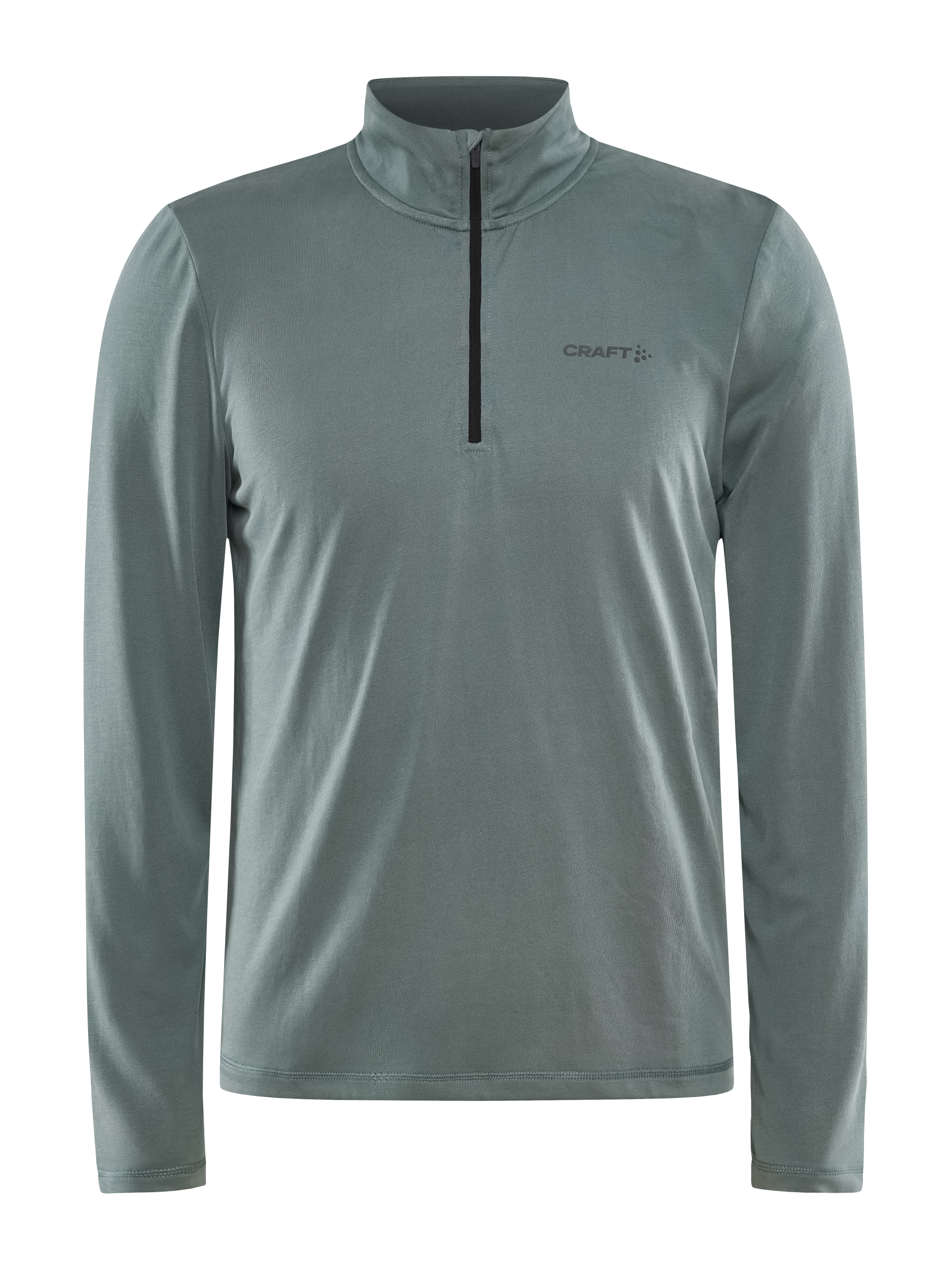 A men's sage green Craft quarter-zip long sleeve athletic shirt stands against a black background.