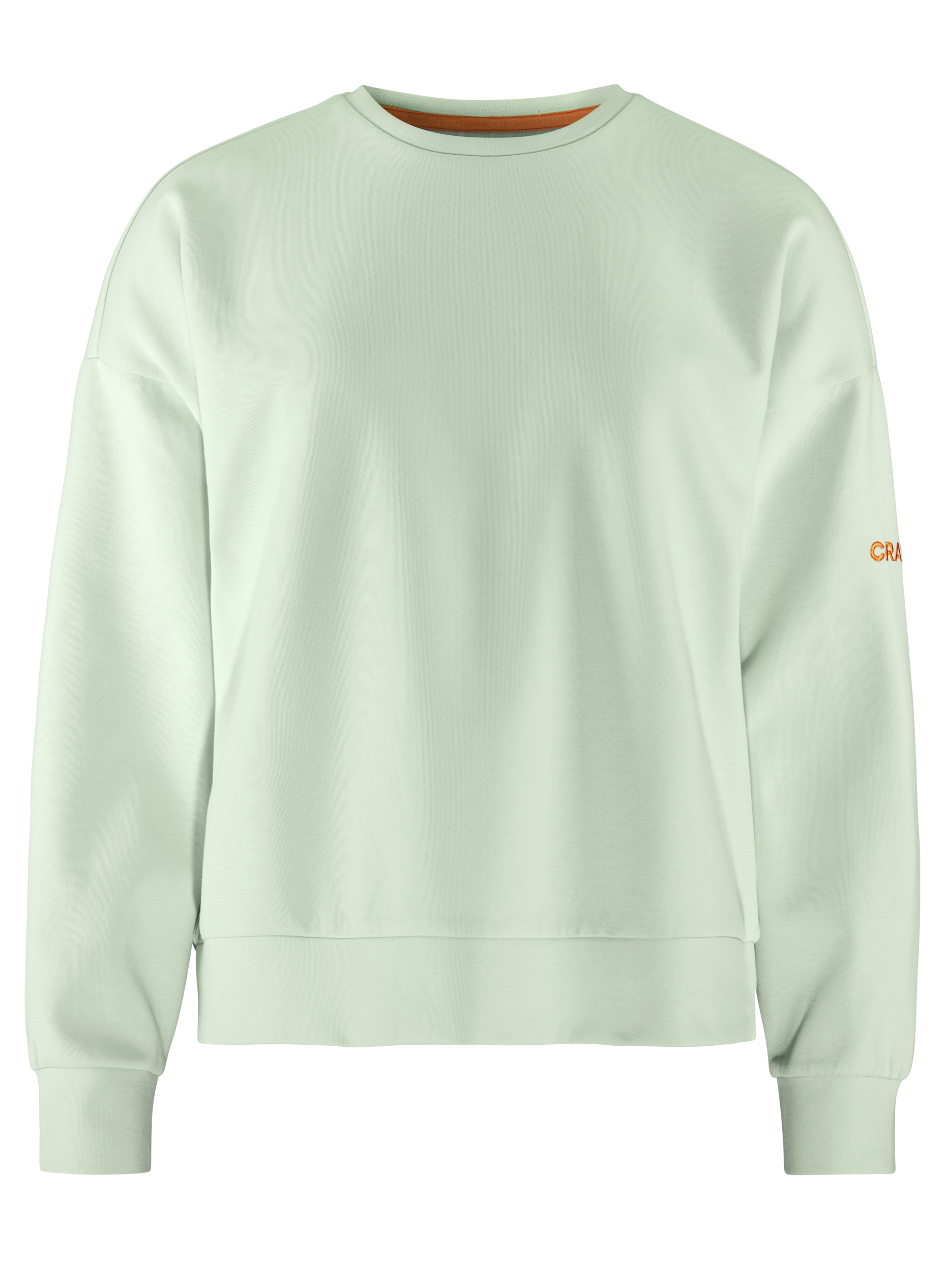 Mint green sweatshirt featuring an orange trim around the neckline.