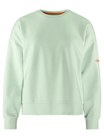 Mint green sweatshirt featuring an orange trim around the neckline.