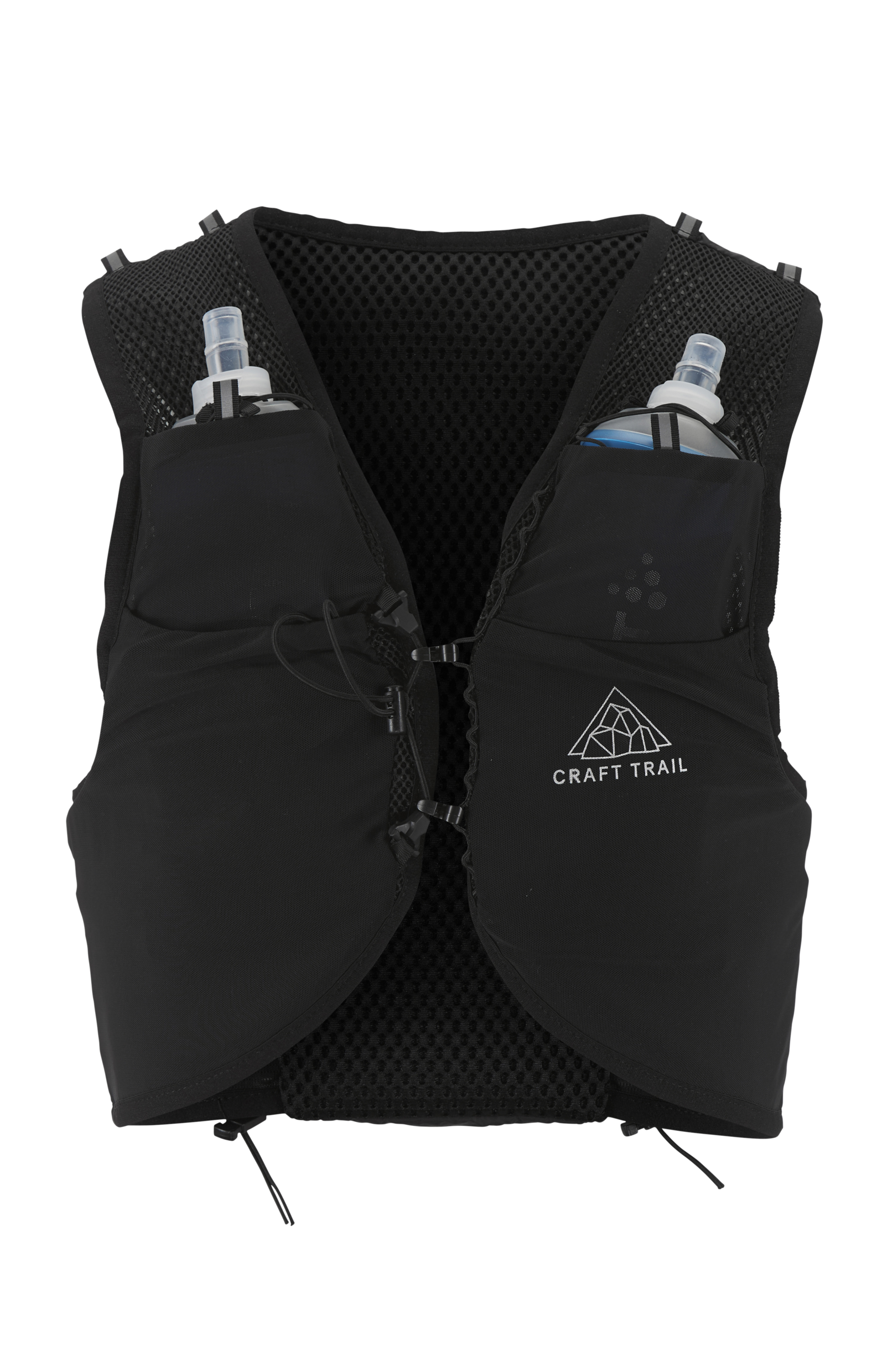 Black hydration vest displays breathable mesh back panel and two water bottles tucked into front pockets.