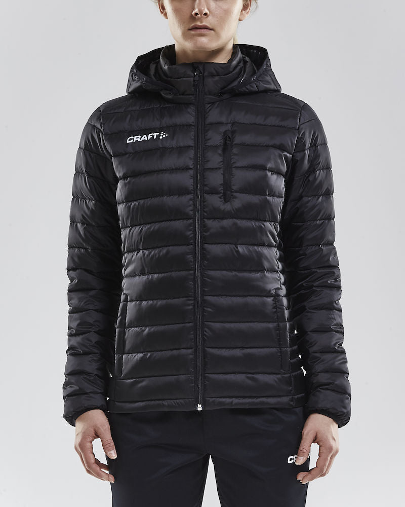 Woman models a black, quilted puffer jacket with a hood, ideal for winter sports or casual wear.