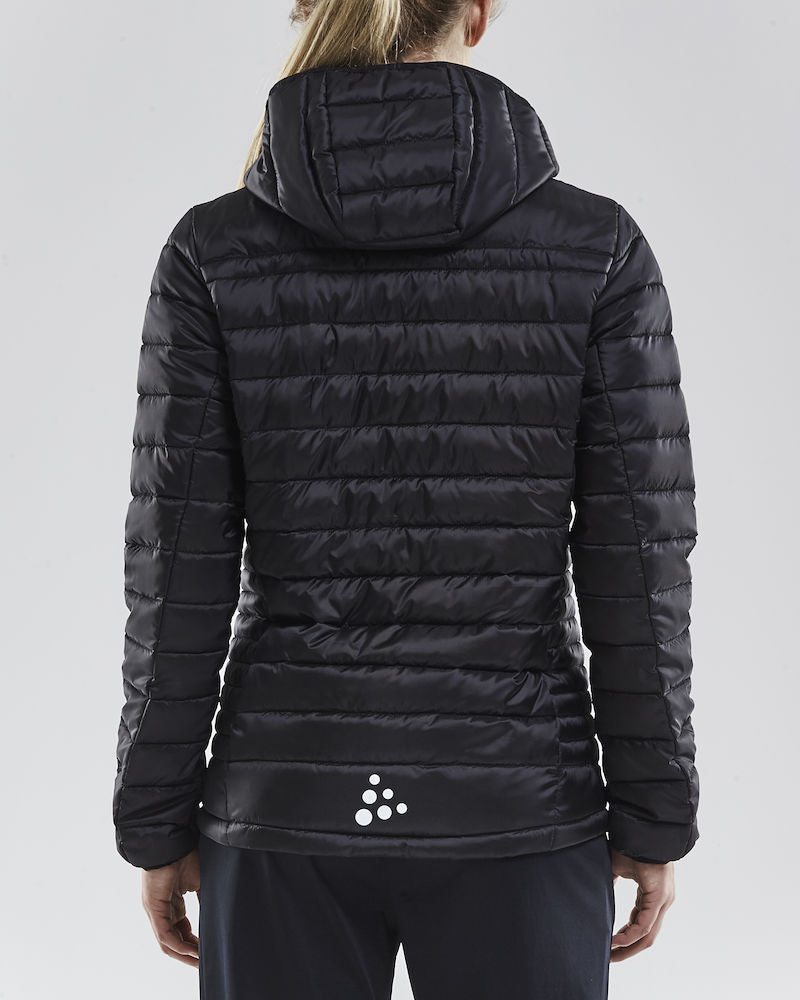 Woman models a black, lightweight, hooded puffer jacket with horizontal baffles, perfect for cool weather layering.