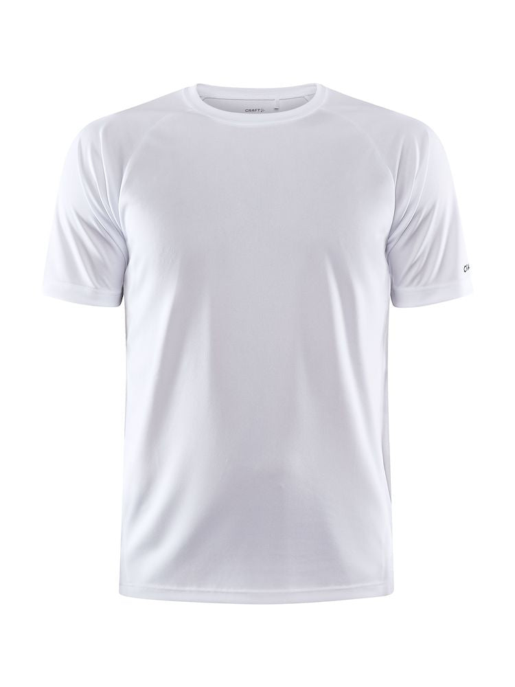 White athletic t-shirt displays a classic crew neck and short sleeves.