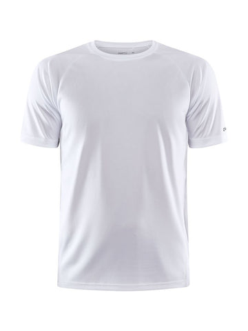 White athletic t-shirt displays a classic crew neck and short sleeves.