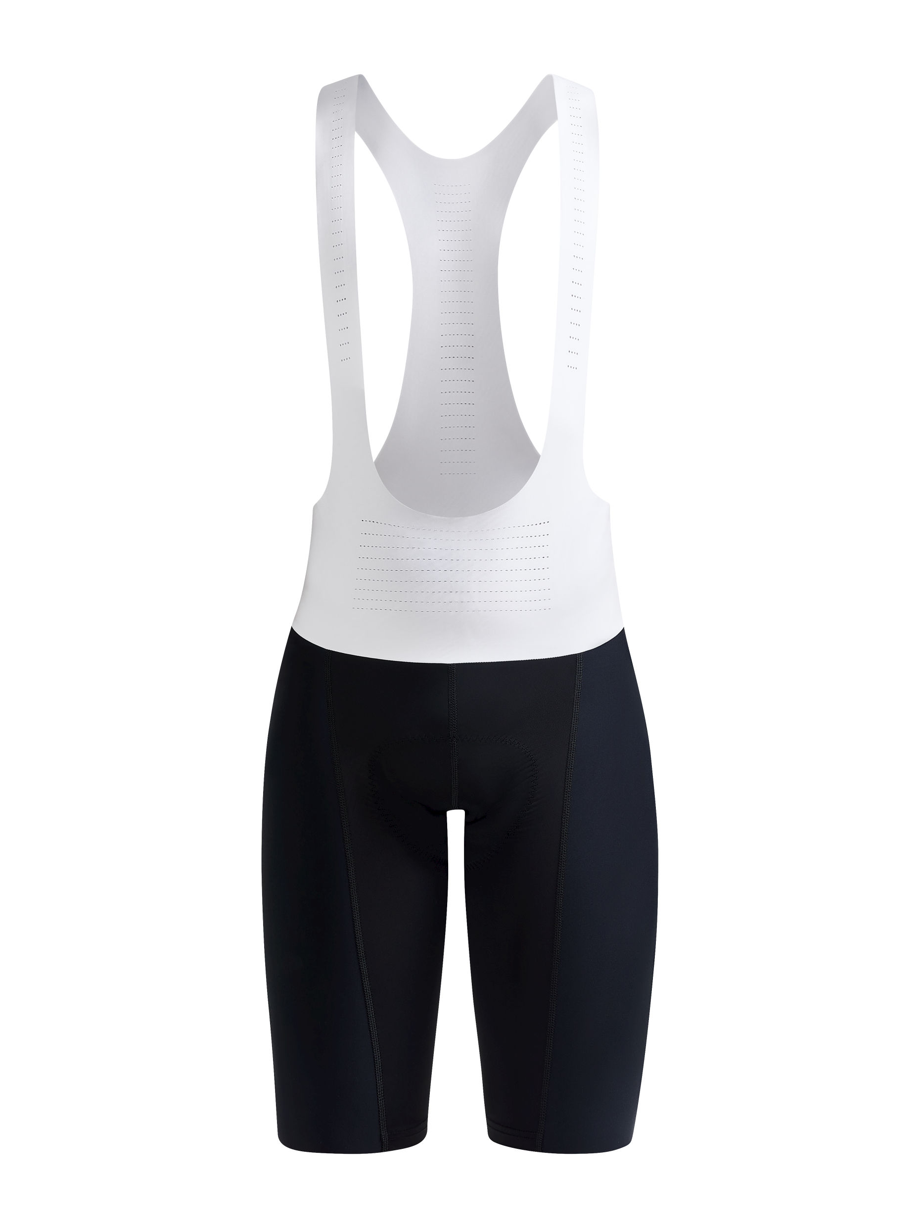Black cycling bib shorts with white breathable back panel.