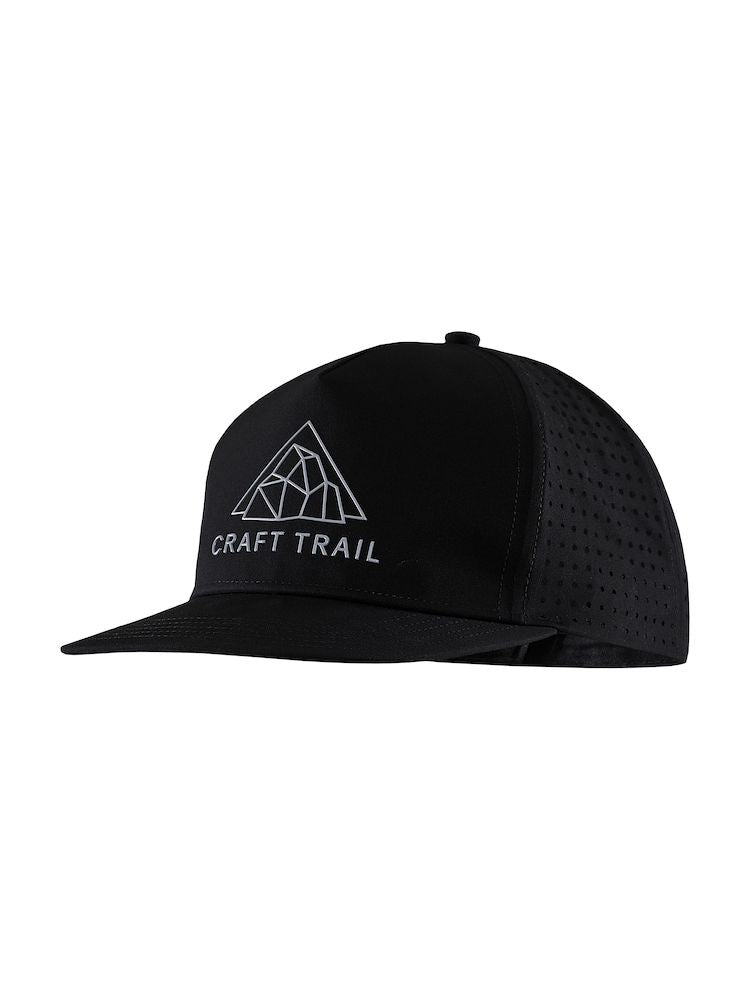 Black Craft Trail running hat with breathable side panels and reflective logo.