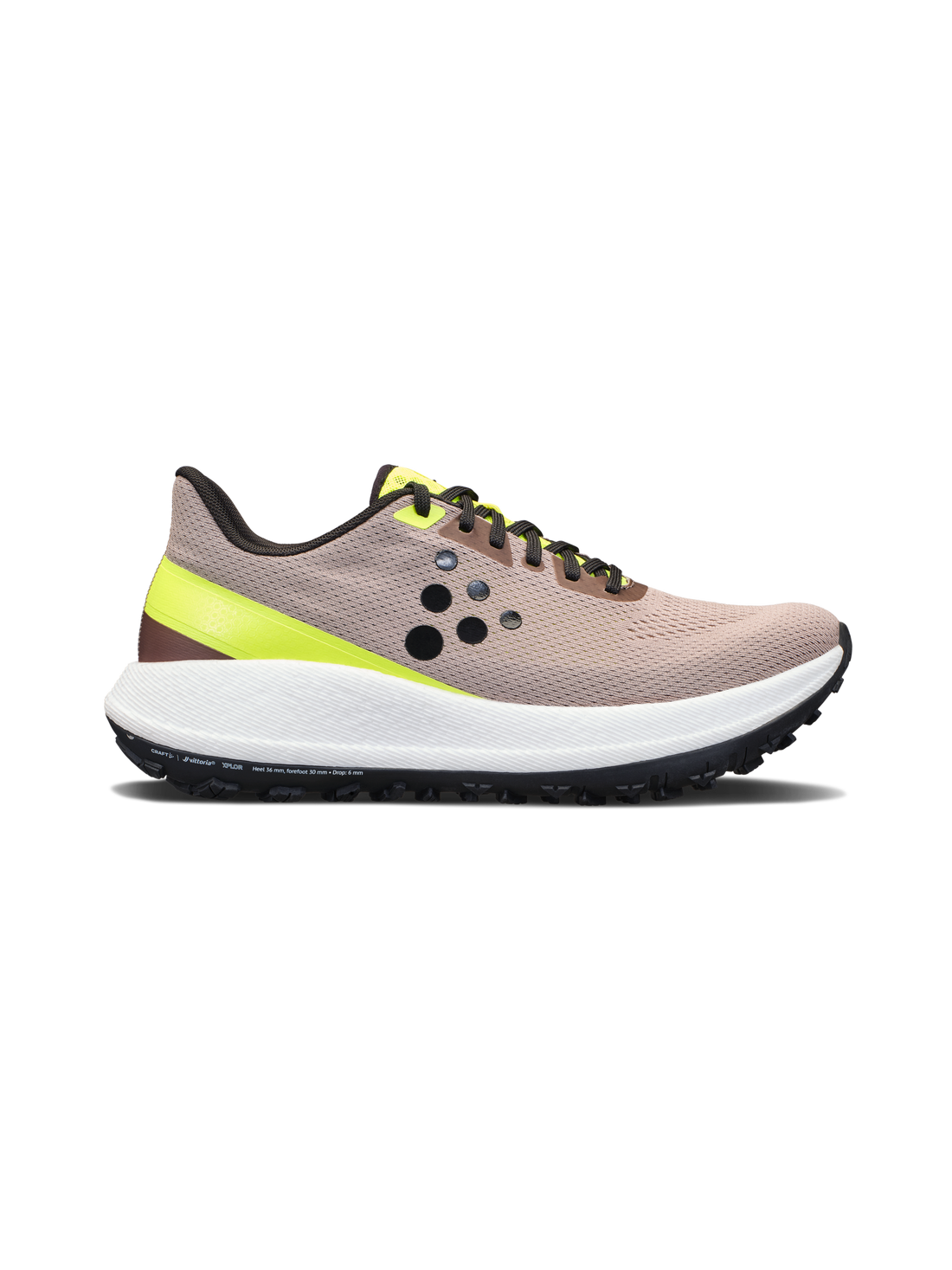 Beige trail running shoe with black and neon green accents showcasing its breathable upper and rugged outsole. 
