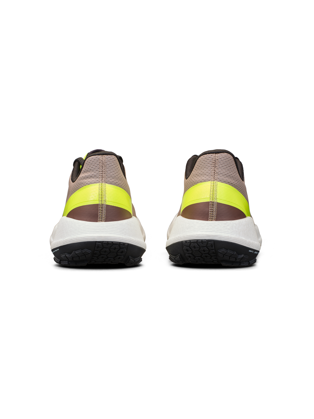 Beige trail running shoe with black and neon green accents showcasing its breathable upper and rugged outsole. 
