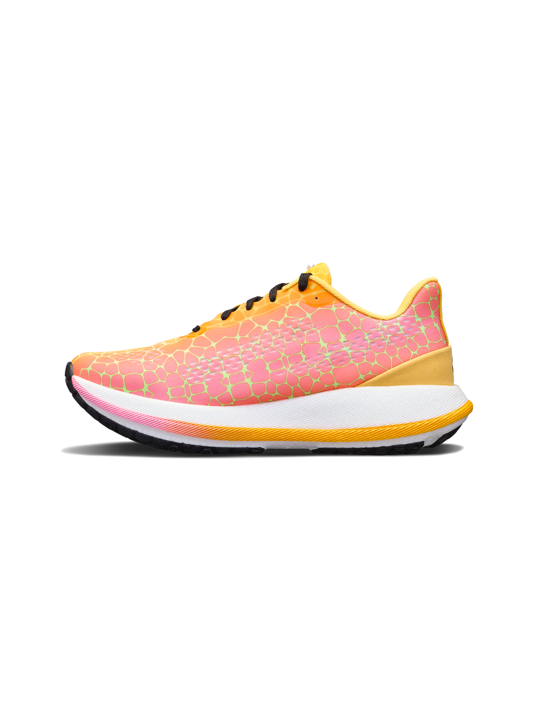 Pink and orange running shoe with geometric pattern displays a side profile.