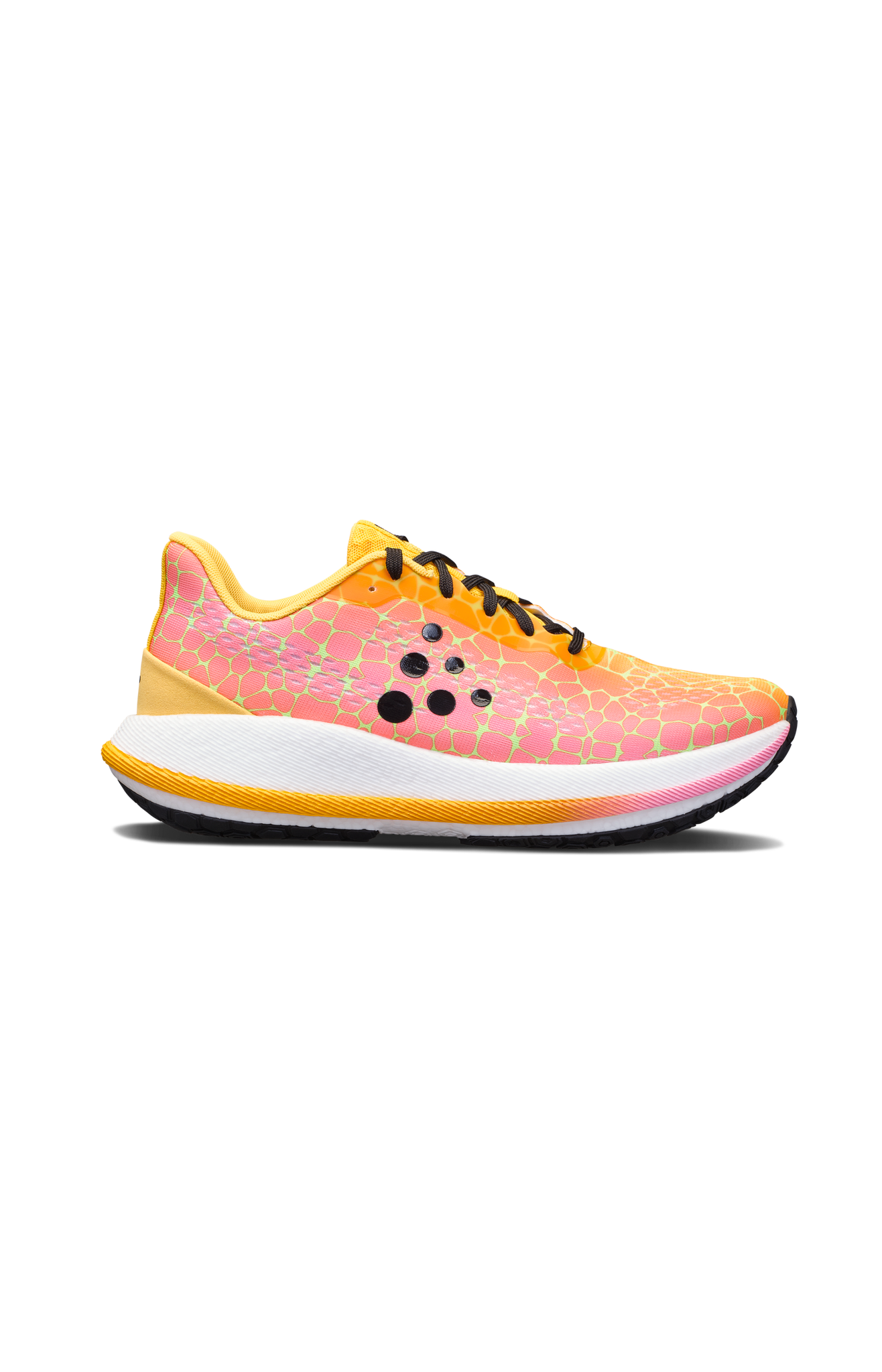 Pink and orange running shoe with geometric pattern displays a side profile.
