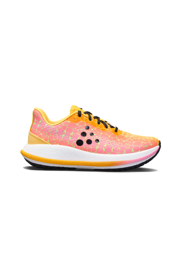 Pink and orange running shoe with geometric pattern displays a side profile.