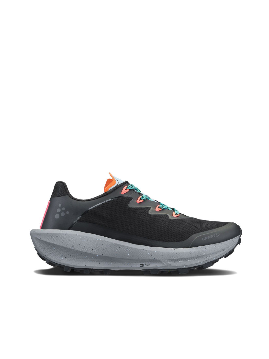 Black Craft trail running shoe with speckled gray sole and bright orange and teal accents. 
