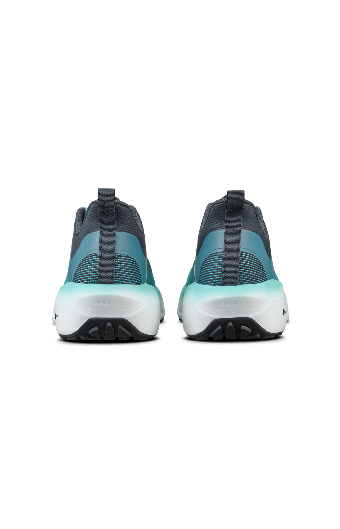 Two teal and gray Craft athletic shoes showcasing the durable heel and tread design. 
